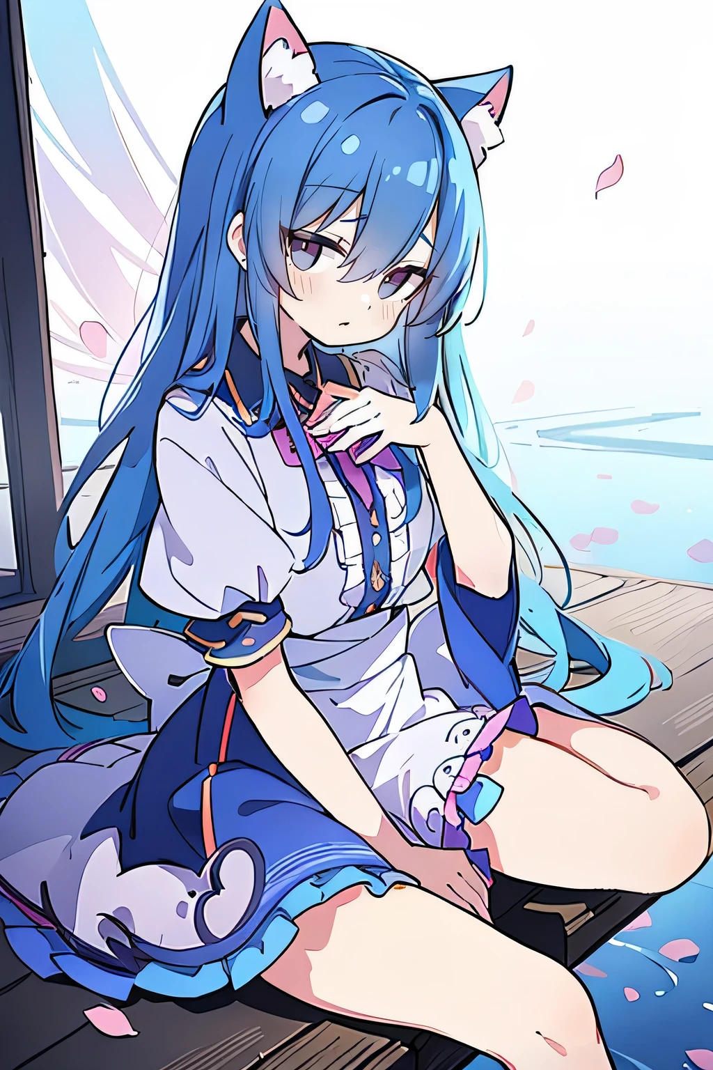 (masterpiece:1.2),ultra-detailed,realistic,expressive eyes,fair-skinned,perfectly shaped face,1girl,
Japanese cartoons,Gorgeous blue hair, flowing blue hair,floating clothes,cat ears,petals falling,beautiful Lola,Hina Angel,
hands on waist,gracefully sitting on the ground,legs crossed,gentle and serene background,cool and comfortable pavilion.