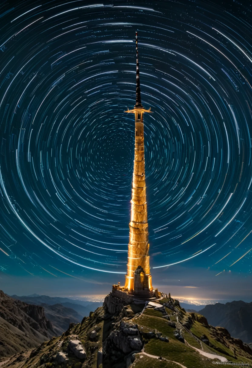 Sworasman, with sword, dynamic pose, Star trails swirling in night sky, circular motion centered around a celestial pole, long-exposure astrophotography, (masterpiece, best quality, Professional, perfect composition, very aesthetic, absurdres, ultra-detailed, intricate details:1.3)