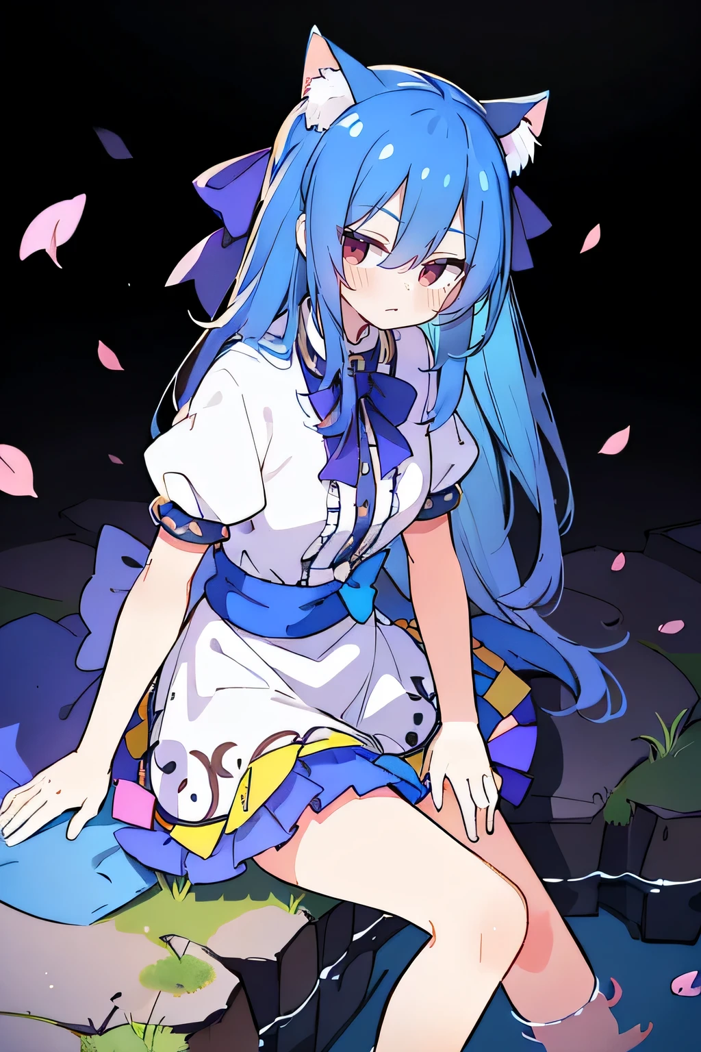(masterpiece:1.2),ultra-detailed,realistic,expressive eyes,fair-skinned,perfectly shaped face,1girl,
Japanese cartoons,Gorgeous blue hair, flowing blue hair,floating clothes,cat ears,petals falling,beautiful Lola,Hina Angel,
hands on waist,gracefully sitting on the ground,legs crossed,gentle and serene background,cool and comfortable pavilion.