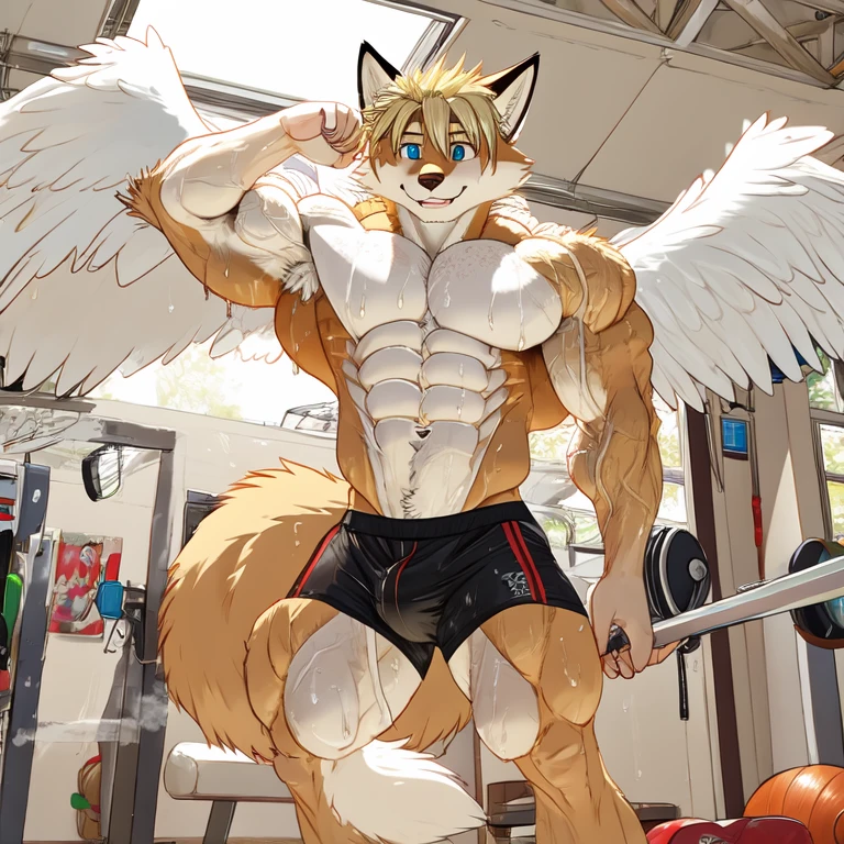 (masterpiece, Best quality:1.2), very young fox boys, training in gym, in speedos, body covered in  white fur, Furry style,sexual,horny,very muscular wild ,full height,veiny muscles, very long blond hair,freckles on the body and face,blue eyes,defined muscles,wet body from sweat,sharp focus, young , friendly,Angel wings, 