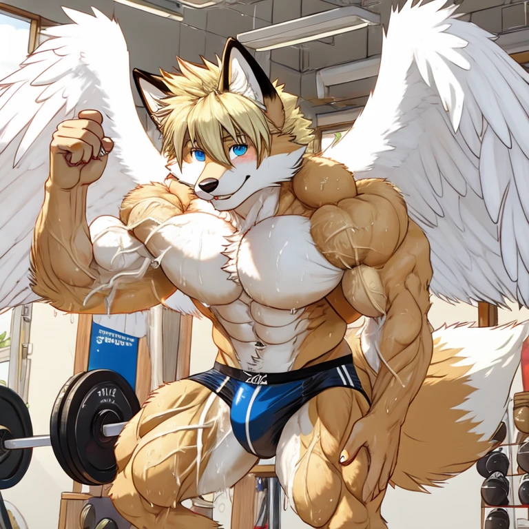 (masterpiece, Best quality:1.2), very young fox boys, training in gym, in speedos, body covered in  white fur, Furry style,sexual,horny,very muscular wild ,full height,veiny muscles, very long blond hair,freckles on the body and face,blue eyes,defined muscles,wet body from sweat,sharp focus, young , friendly,Angel wings, 