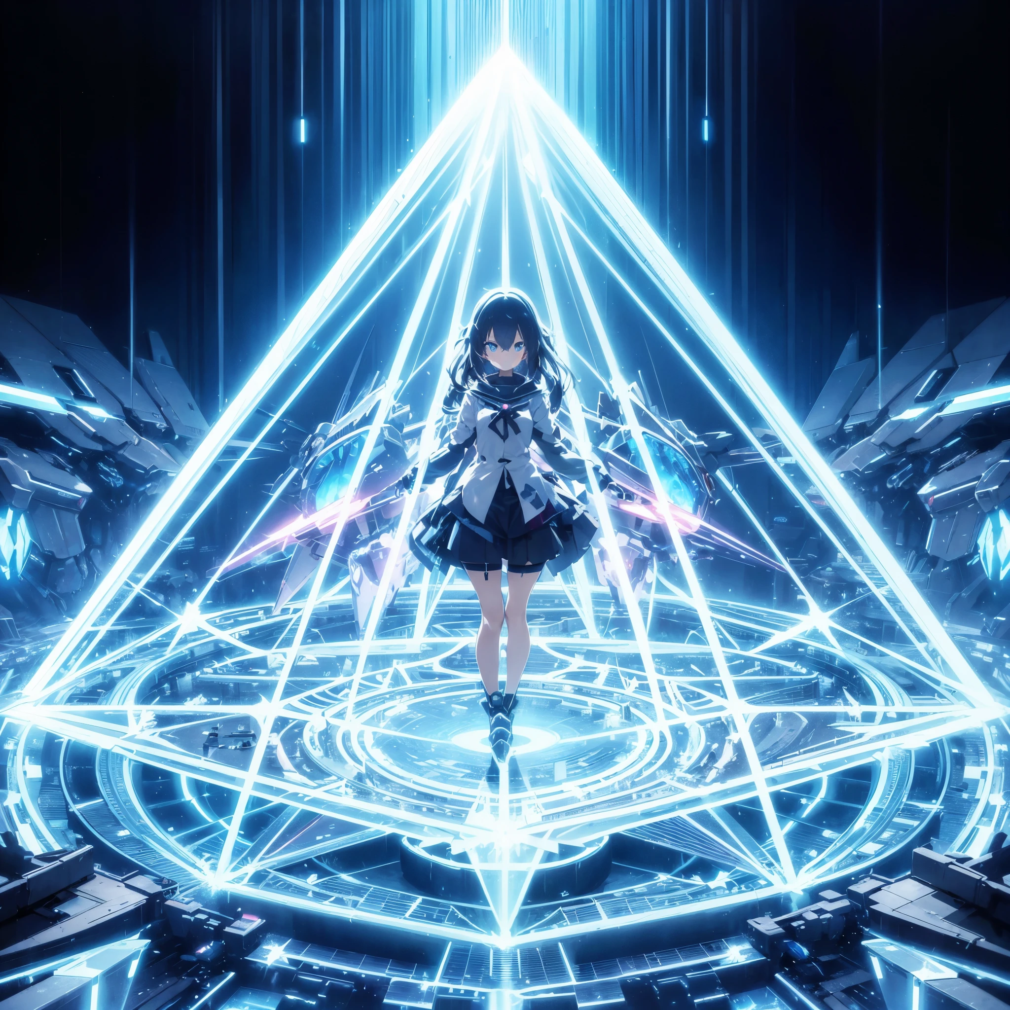 An anime-style illustration of a girl surrounded by a giant triangular pyramid-shaped beam shield. The beam shield is radiated by a beam generator from each corner. Made by FuturEvoLab, (X-ray style: 1.5), Detailed explanation, (Mecha flare type skirt: 1.5), This is a scene that captures the girl's movements. Aerial battles and performances dynamically composed of movement and intensity. A movie about a girl surrounded by futuristic mechs, other-dimensional cyberpunk, glowing core reactors, etheric energy fields, bright colors, intricate details, and a pyramid-shaped beam shield.What are the colors of the beam shield? Red, with a beam generator at each vertex, the beam shield emits particulate light,
