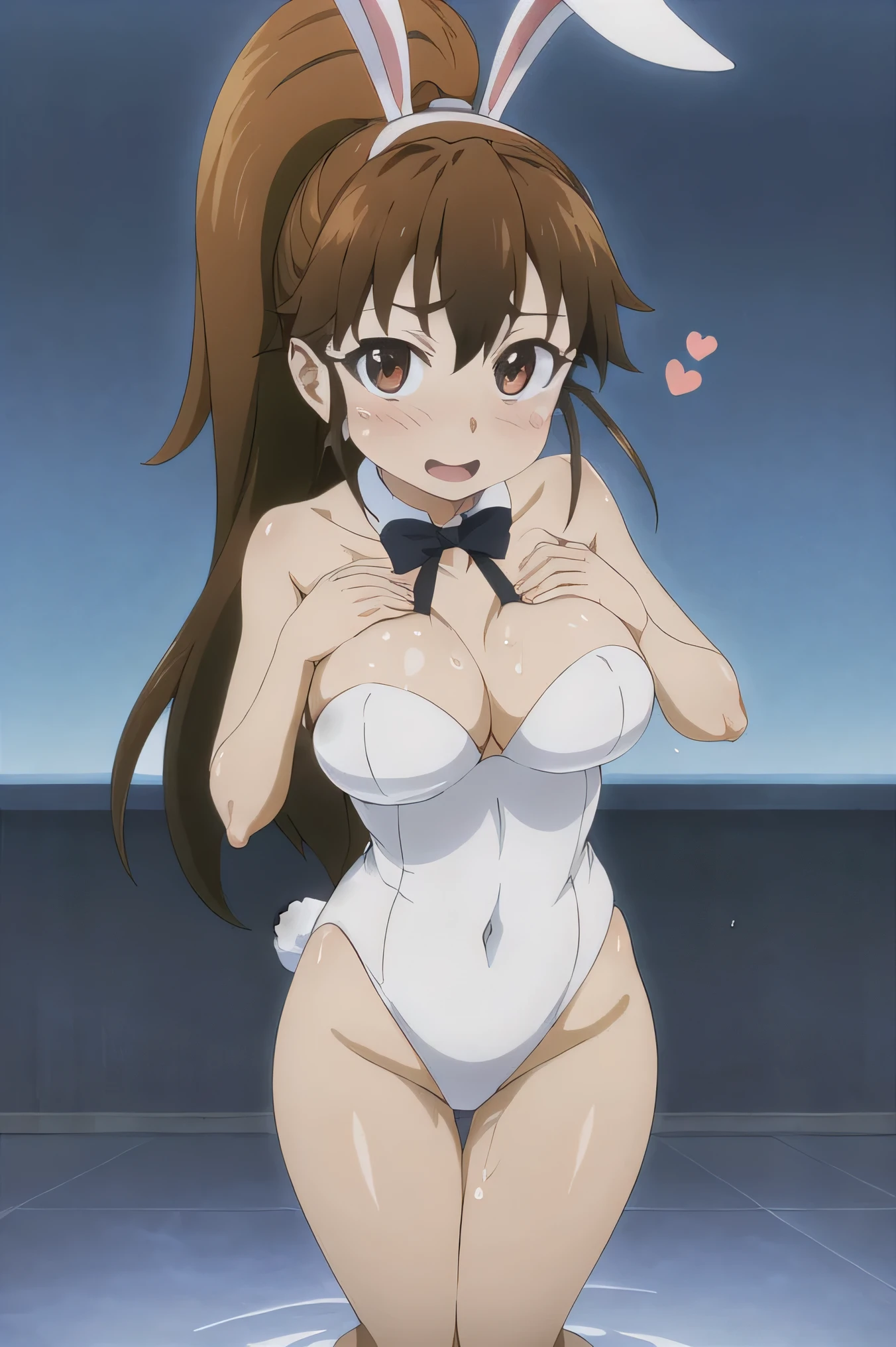 (masterpiece), (highest quality), (figure), (Very detailed), (High resolution), (8k), Perfect Anatomy, One Girl, Very large breasts, Big Breasts, ponytail, Long Hair, (brown hair), very cute girl, small, young, delicate, Attention to girls, she, smile, blush, Best moment, , Eye color is brown, Bright Eyes, Vivid eyes, cute, Thighs, Waistline, Being spoiled, Innocent, i love you, Love Viewer, Beautiful Skin, Beautiful body, cute face, delicate arms, Innocent, Boyfriend's gaze, Vivid eyes, Neat, blush, Sensual, whole body, Seductive, Detailed skin texture, Intricate details, Very detailedな顔, Beautiful Eyes, Big Eyes, heart, The body is wet with water, Inviting, Showing off, Desire to monopolize, Quote, Emphasize the chest, Open your mouth, casino, Bunny girl, Fake rabbit ears head dress,Love juice,