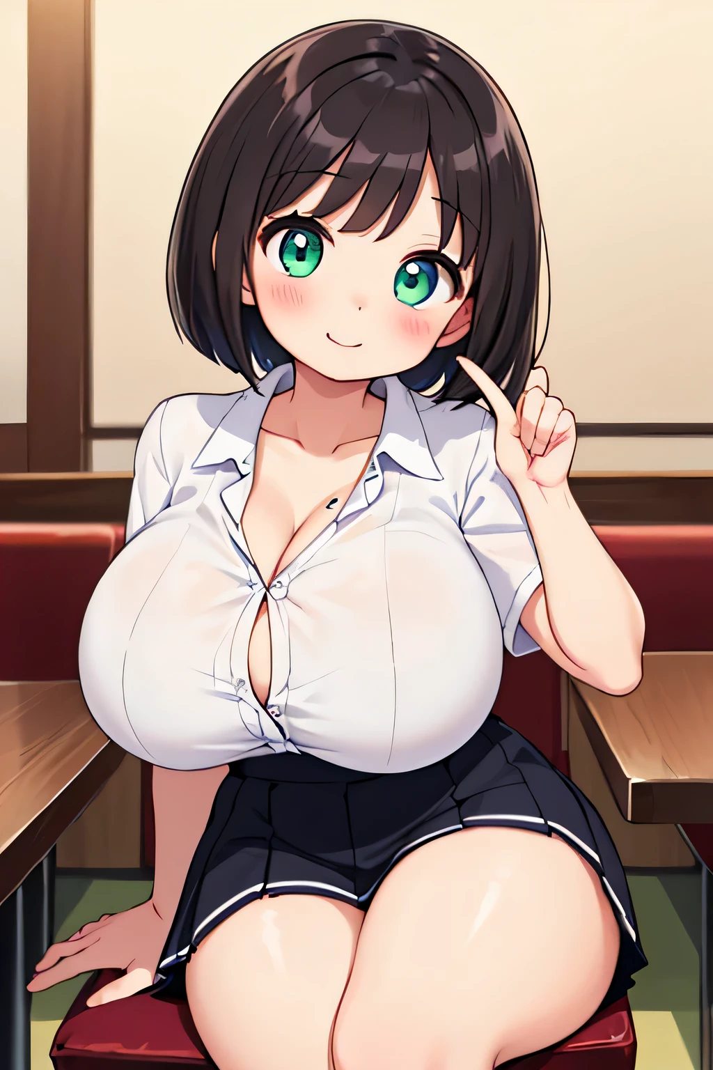 (highest quality:1.4)、(High resolution)、Detailed Background、(Beautiful face in every detail:1.4)、Anatomically correct、(Draw the usual number of fingers:1.2)、(Detailed facial expressions)、Beautiful, smooth skin、age Girl、(Huge brea)、brown hair、Black Hair、Bobcut、Perfect body line、Sitting in a chair at a family restaurant、Accentuate your cleavage、Shour attractive armpits、Attractive big ass、attractive thichighs、Blushing、My shirt is about to be buttoned off.、Sexual essions、Short sshirt、Cowboy Shot、He is looking at me with a happy expression、
(A beautiful girl whose breasts are about to burst out ohirt:1.5)、
Choose a short shirt blouse that is slightly smaller in length, such as pink or mint green.、
Pair it with a pleated or flared mini skirt.、
The tulle mini skirt is also cute.、Colorful ribbons、cute