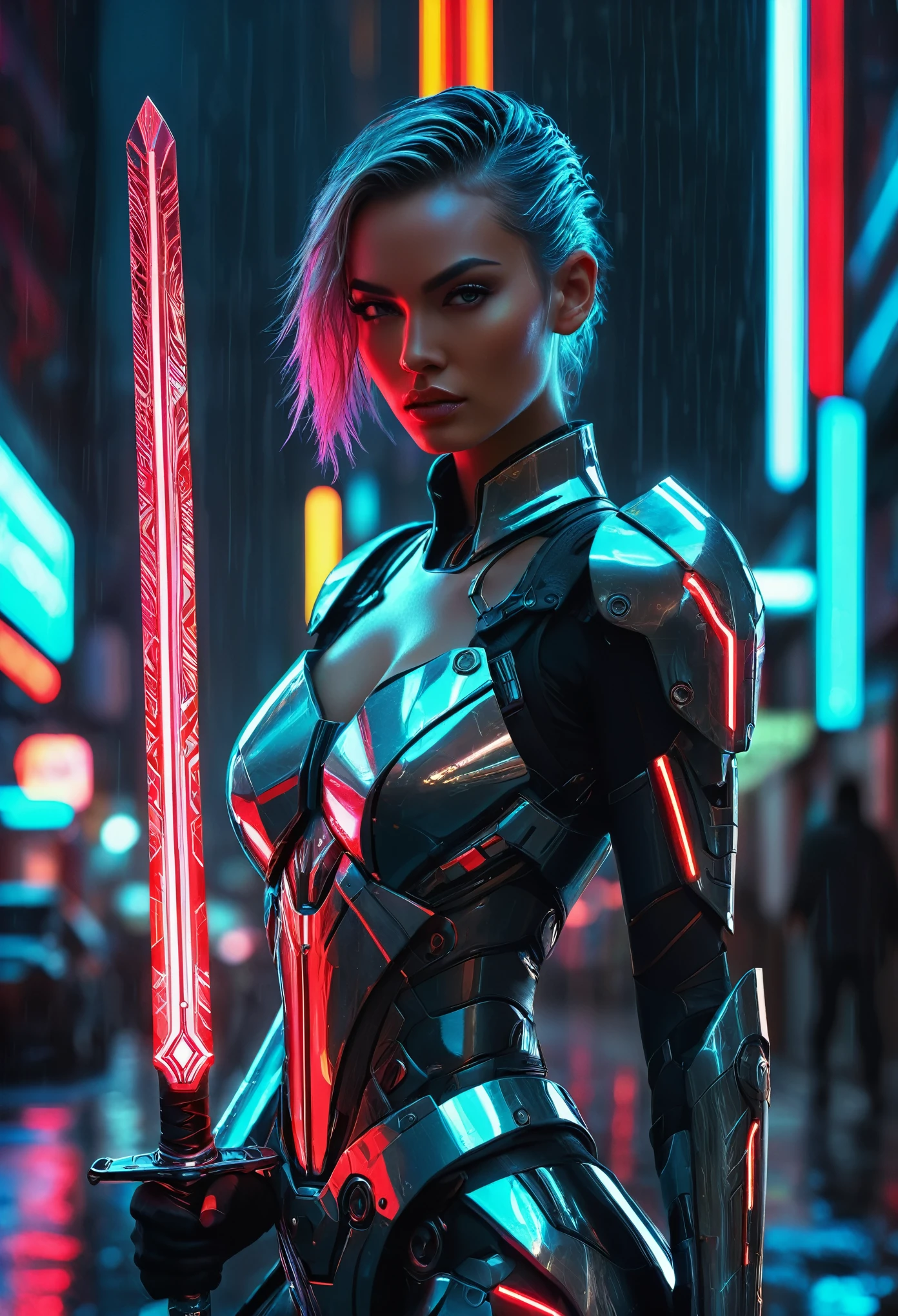 (best quality,4k,highres:1.2),ultra-detailed,(realistic:1.37)
Cybernetic women, futuristic sword with red neon light, striking action pose, vibrant colors, high contrast, dynamic composition, glowing effects, metallic textures, cyberpunk theme, sleek and shiny materials, intense and dramatic lighting, futuristic setting, intricate details, glossy finish, sci-fi concept art, flawless rendering, powerful stance, mechanical enhancements, energy pulsating through the sword, technology integration, sharp edges, futuristic fashion, sleek hairstyle, delicate facial features, glowing eyes, confident expression, urban environment, neon signs, reflections on wet pavement, raindrops in the background, dark and moody atmosphere, cinematic quality.