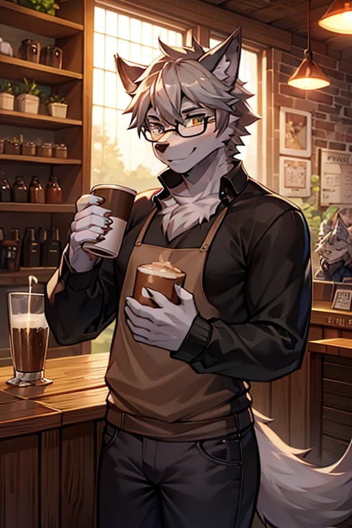 furry wolf orc gray hair glasses coffee shop making coffee