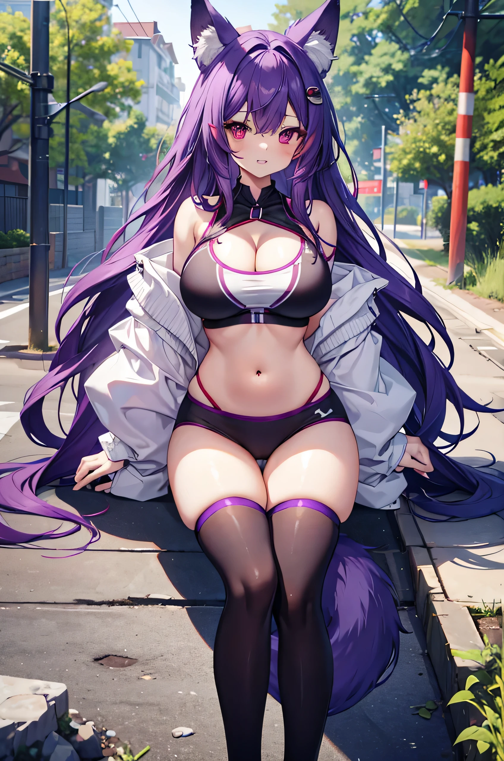 Fox Girl, Large Breasts, Voluminous purple hair, masterpiece , Red eyes, hd, Thick thighs, Head to Chest, buried in my chest、Underboob、Double teeth、tooth、Sports Bra、Knee socks