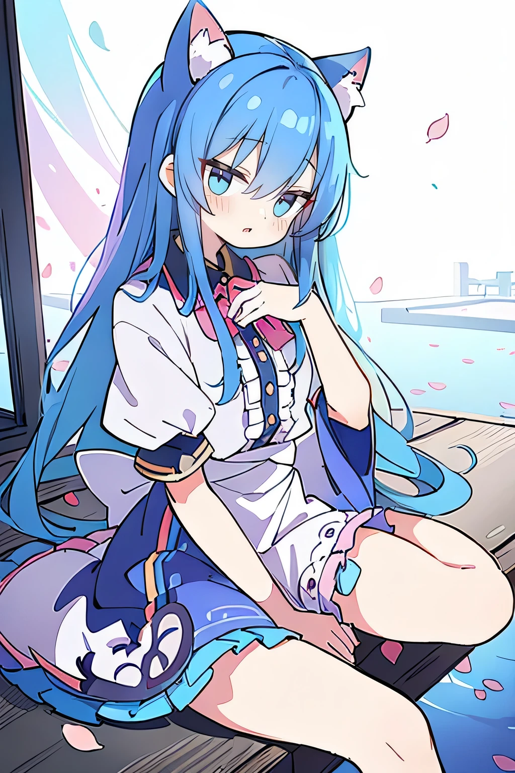 (masterpiece:1.2),ultra-detailed,realistic,expressive eyes,fair-skinned,perfectly shaped face,1girl,
Japanese cartoons,Gorgeous blue hair, flowing blue hair,floating clothes,cat ears,petals falling,beautiful Lola,Hina Angel,
hands on waist,gracefully sitting on the ground,legs crossed,gentle and serene background,cool and comfortable pavilion.