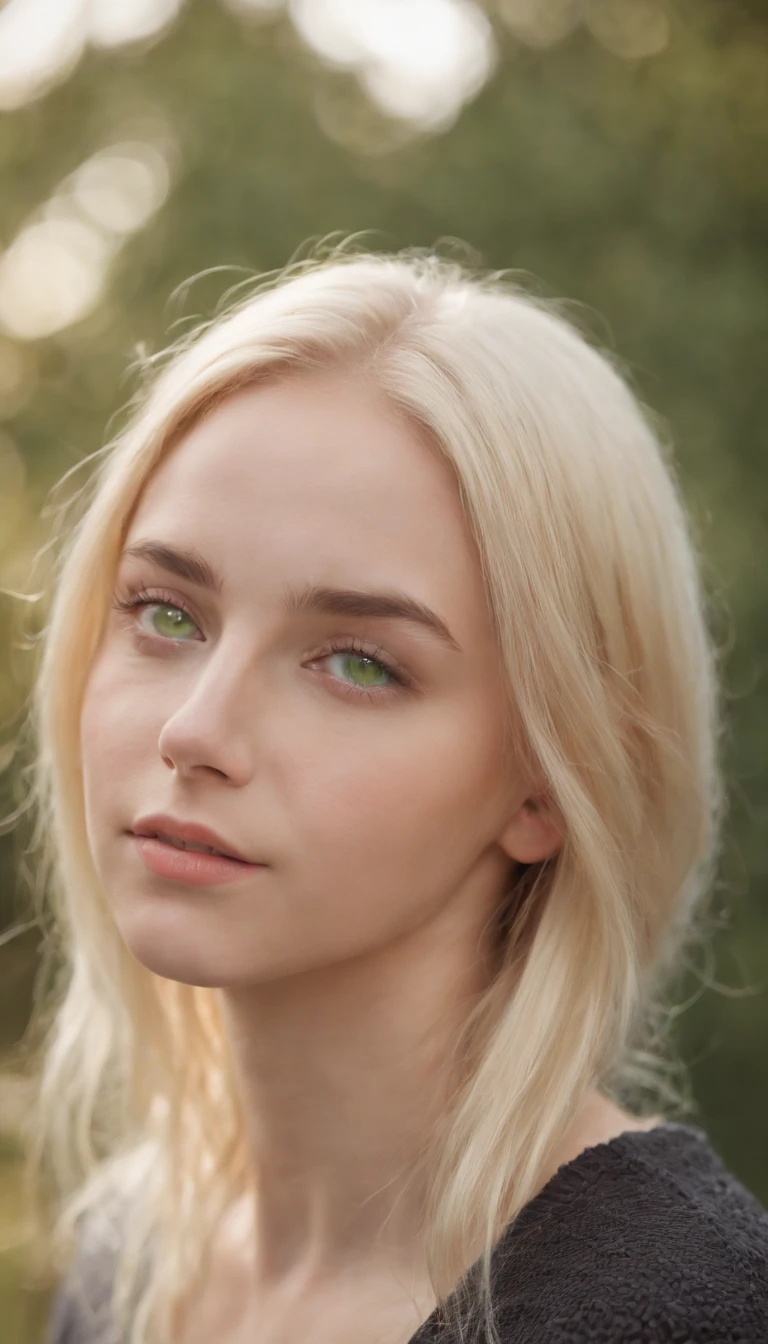 A realistic photo shot of a head face , 19 year old girl who has light yellow hair and bright green eyes. Her look could, should be a beauty of Eritria Actress.