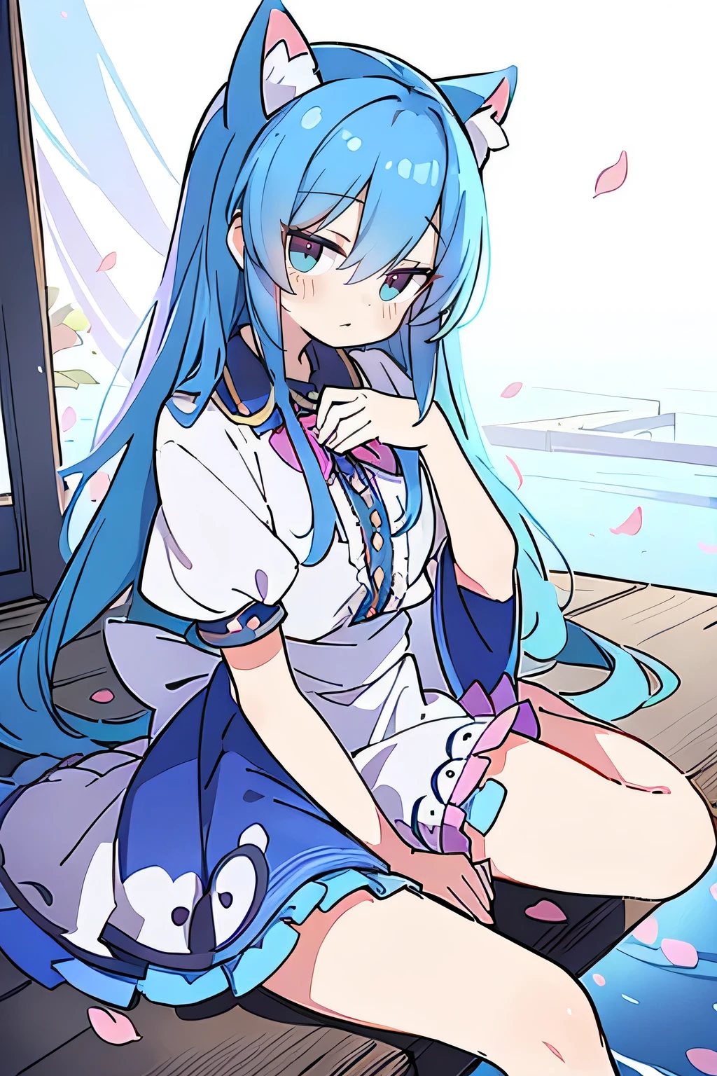 (masterpiece:1.2),ultra-detailed,realistic,expressive eyes,fair-skinned,perfectly shaped face,1girl,
Japanese cartoons,Gorgeous blue hair, flowing blue hair,floating clothes,cat ears,petals falling,beautiful Lola,Hina Angel,
hands on waist,gracefully sitting on the ground,legs crossed,gentle and serene background,cool and comfortable pavilion.