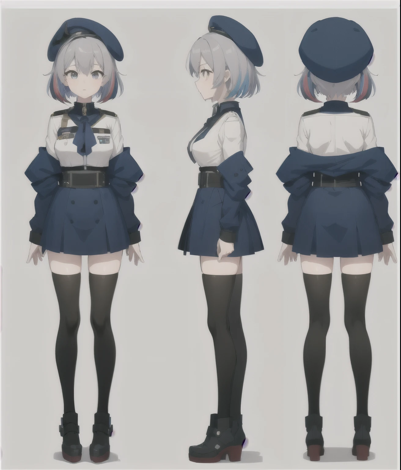 Anime Character Design of a female police officer in uniform, JK Uniform, Anime VTuber Full Body Model, Anime full body illustration, pretty Anime Character Design, Kantai Collection Style, Anime Character Design, Marines , Anime Character Reference Sheet, anime set style, best Anime Character Design, magic uniform, Costume Design, Girls Frontline Style, a school student uniform, Gray Hair, Navy Beret, thigh high socks, multicolored hair