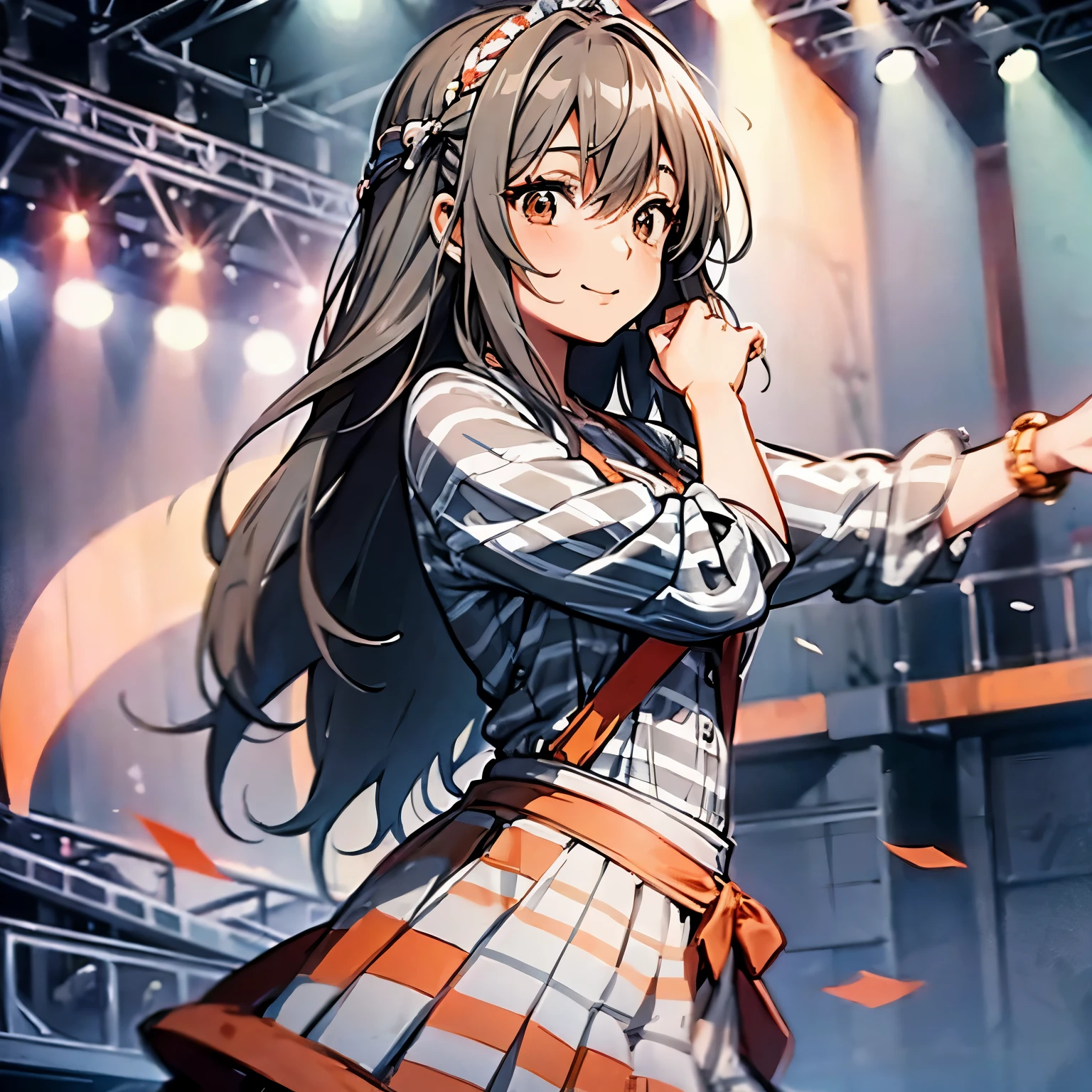 j pop woman wearing grey shirt with grey orange and white stripes, dancing happy, on a stage, anime style, intricated details, 8k