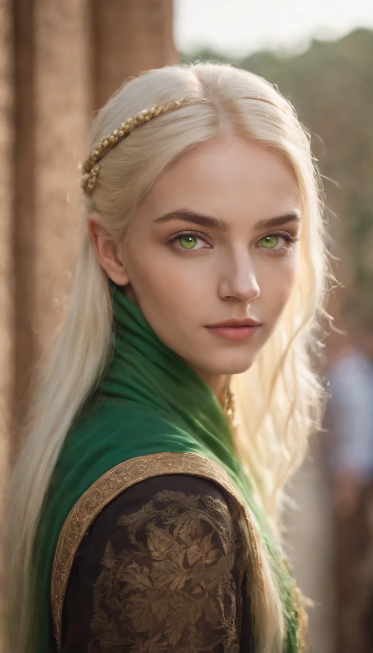 A realistic photo shot of a head face , 19 year old girl who has light yellow hair and bright green eyes. Her look could, should be a beauty of Egypt Actress.