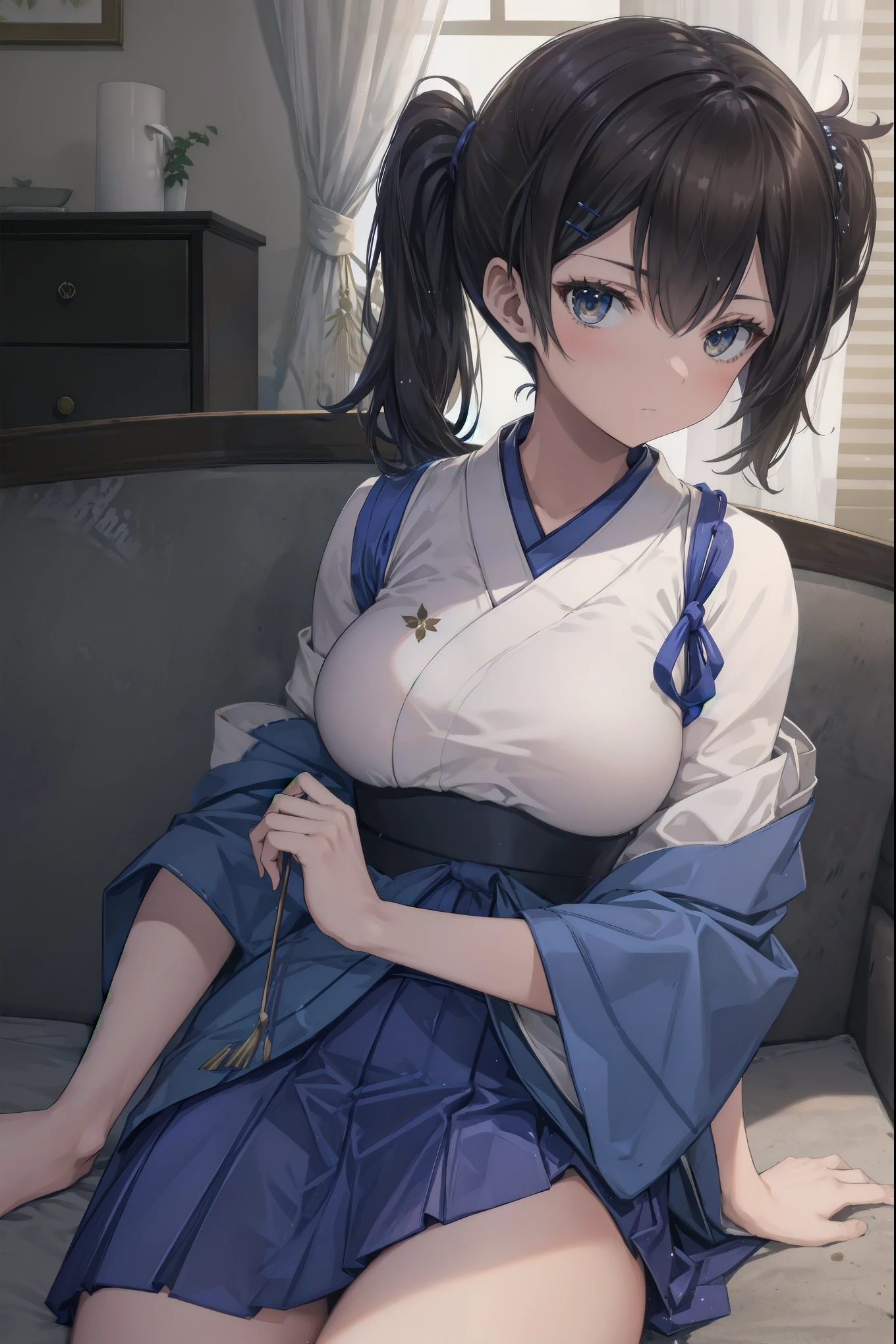 Kaga(Fleet Collection),highest quality, masterpiece, High resolution,kimono,blue skirt,side ponytail,big_breasts,