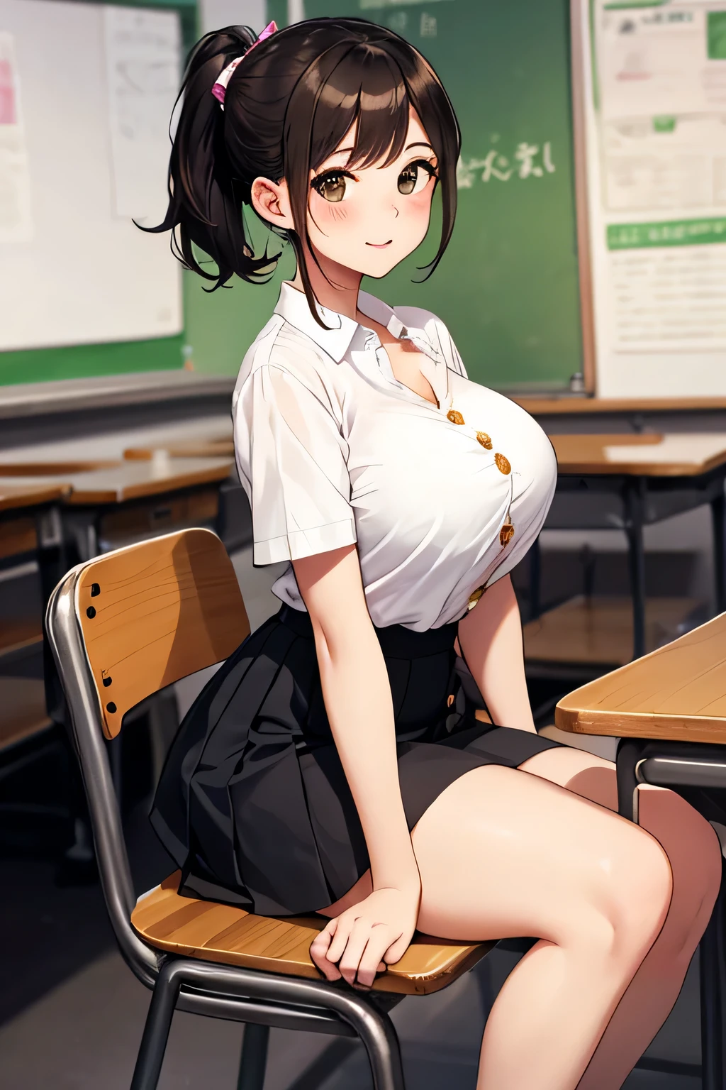 (highest quality:1.4)、(High resolution)、Detailed Background、(Beautiful face in every detail:1.4)、Anatomically correct、(Draw the usual number of fingers:1.2)、(Detailed facial expressions)、Beautiful, smooth skin、 Girl、(Huge breasts:1.5)、cute hair color、brown hair、Black Hair、ponytail、Bobcut、Realistic、Perfect body line、sitting on a chair in the classroom、Accentuate your breasts、Accentuate your cleavage、Show off your attractive armpits、Attractive big ass、attractive thick thighs、Absolute area、Charming atmosphere、Excited、Blushing、My shirt is about to be buttoned off.、The buttons on my shirt are so pulled they&#39;re about to come off、looking at me with a shy expression、Sheer short-sleeved shirt、Cowboy Shot、

(A beautiful girl with a short-sleeved shirt that is so small that the buttons come off and her breasts are about to spill out.:1.5)、

Choose a short shirt blouse that is slightly smaller in length, such as pink or mint green.、
Pair it with a pleated or flared mini skirt.、
The tulle mini skirt is also cute.、Colorful ribbons、
Complete your look with Oxford shoes、cute