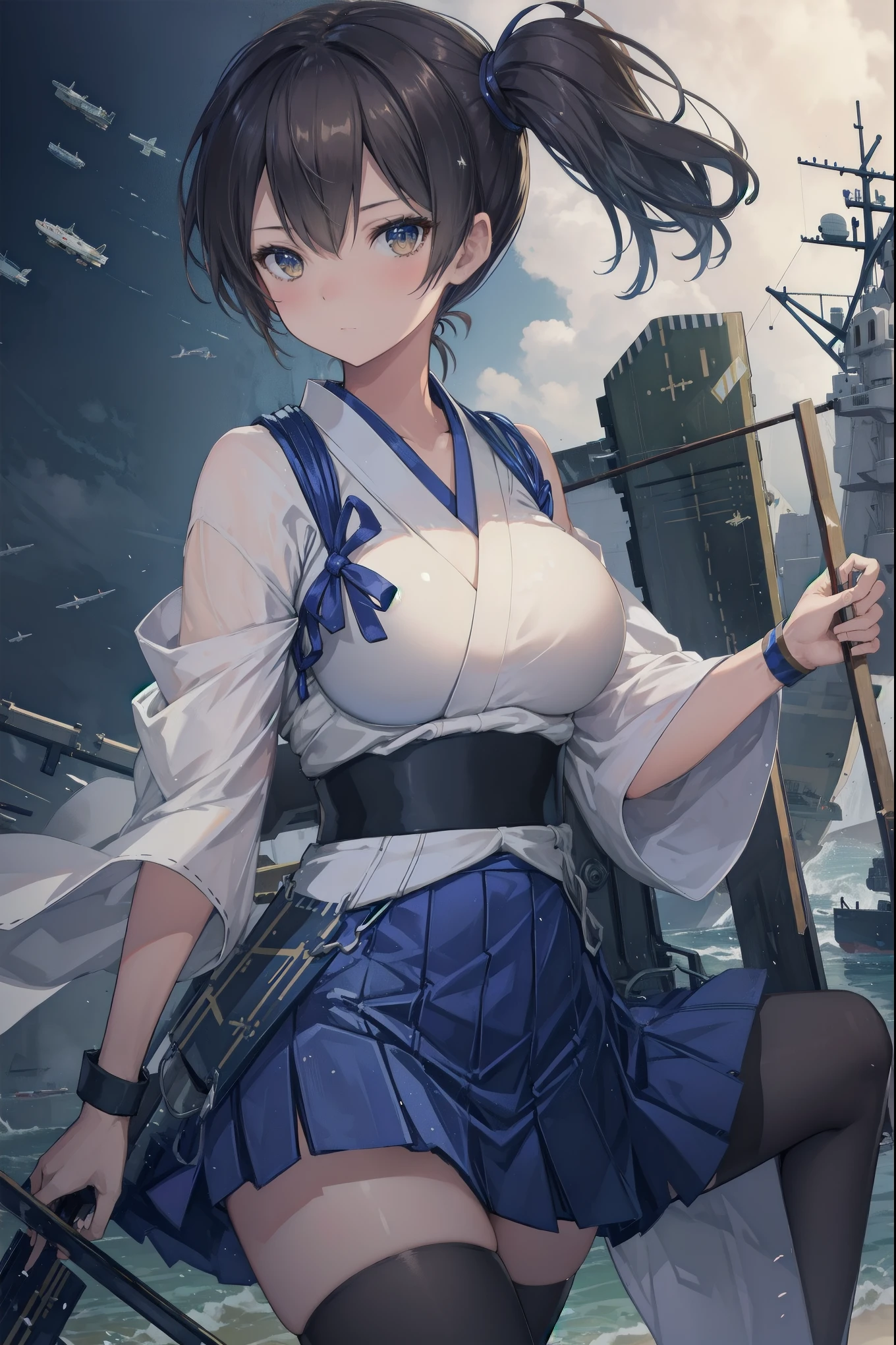 Kaga(Fleet Collection),highest quality, masterpiece, High resolution,kimono,blue skirt,side ponytail,big_breasts,