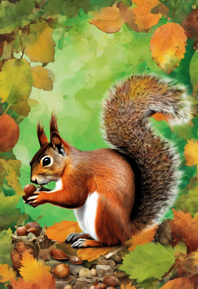 indecisive squirrel hesitates between multitude of acorns and nuts on the ground, hesitant undecided look, posture dubitative, green forest background ::2 colorful ink painting ::2 art fantasy