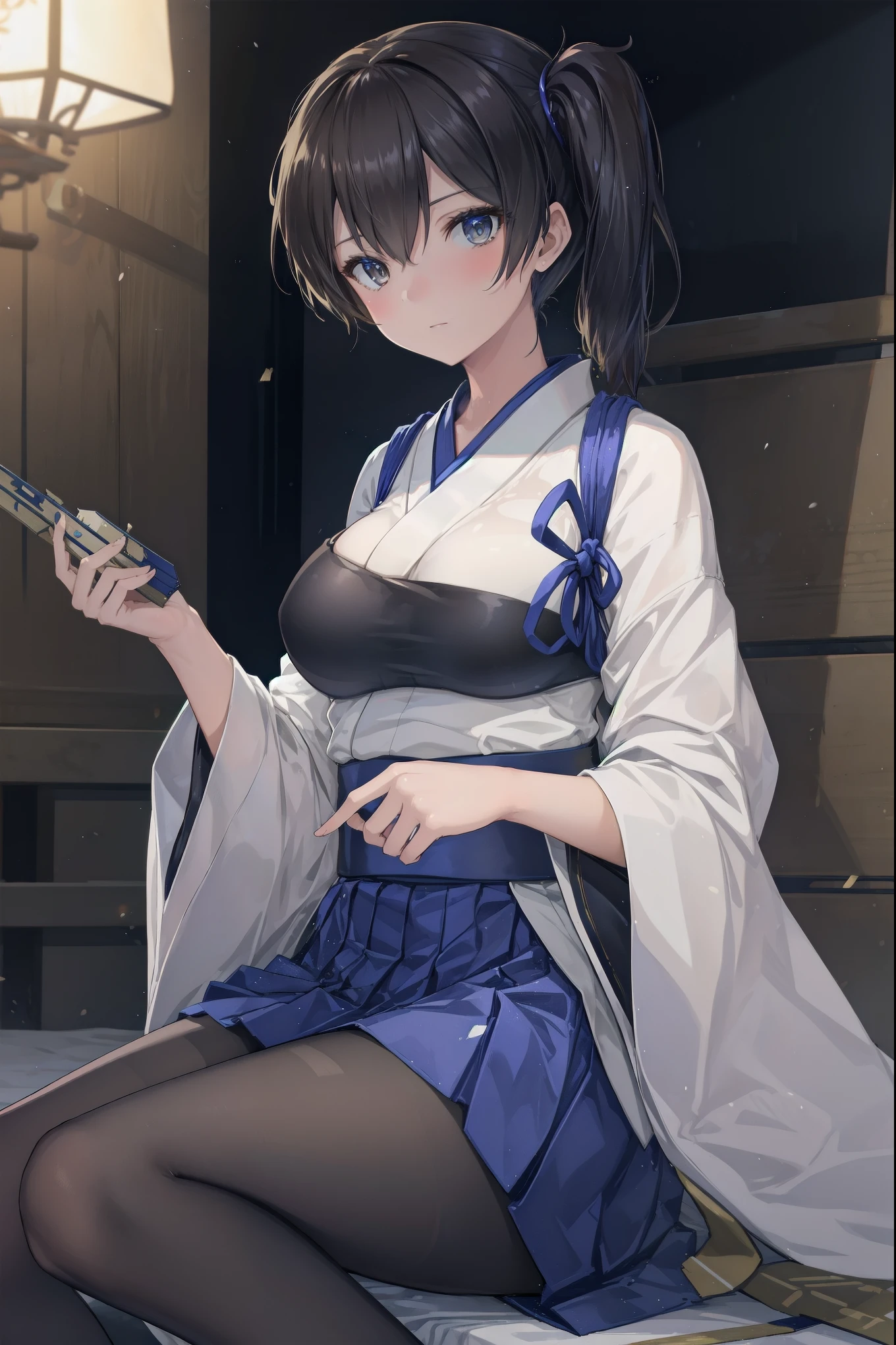 Kaga(Fleet Collection),highest quality, masterpiece, High resolution,kimono,blue skirt,side ponytail,big_breasts,