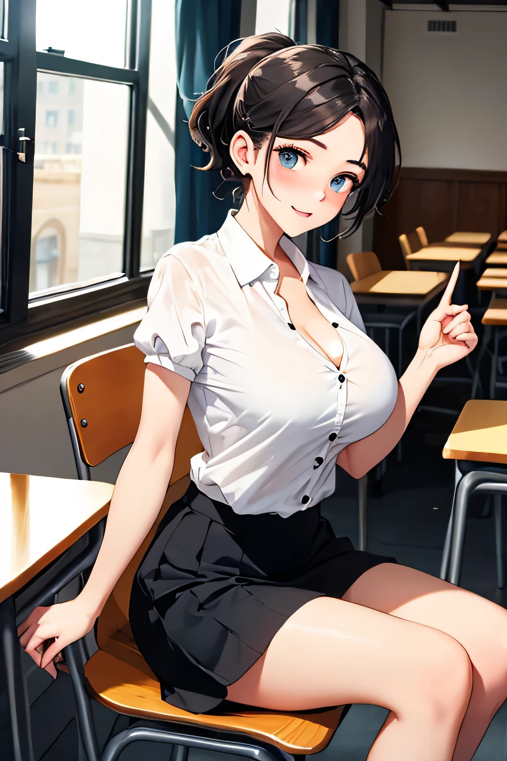 (highest quality:1.4)、(High resolution)、Detailed Background、(Beautiful face in every detail:1.4)、Anatomically correct、(Draw the usual number of fingers:1.2)、(Detailed facial expressions)、Beautiful, smooth skin、 Girl、(Huge breasts:1.5)、cute hair color、ponytail、Bobcut、Realistic、Perfect body line、sitting on a chair in the classroom、Accentuate your breasts、Accentuate your cleavage、Show off your attractive armpits、Attractive big ass、attractive thick thighs、Absolute area、Charming atmosphere、Excited、Blushing、My shirt is about to be buttoned off.、The buttons on my shirt are so pulled they&#39;re about to come off、looking at me with a shy expression、Sheer short-sleeved shirt、Cowboy Shot、

(A beautiful girl with a short-sleeved shirt that is so small that the buttons come off and her breasts are about to spill out.:1.5)、

Choose a short shirt blouse that is slightly smaller in length, such as pink or mint green.、
Pair it with a pleated or flared mini skirt.、
The tulle mini skirt is also cute.、Colorful ribbons、
Complete your look with Oxford shoes、cute