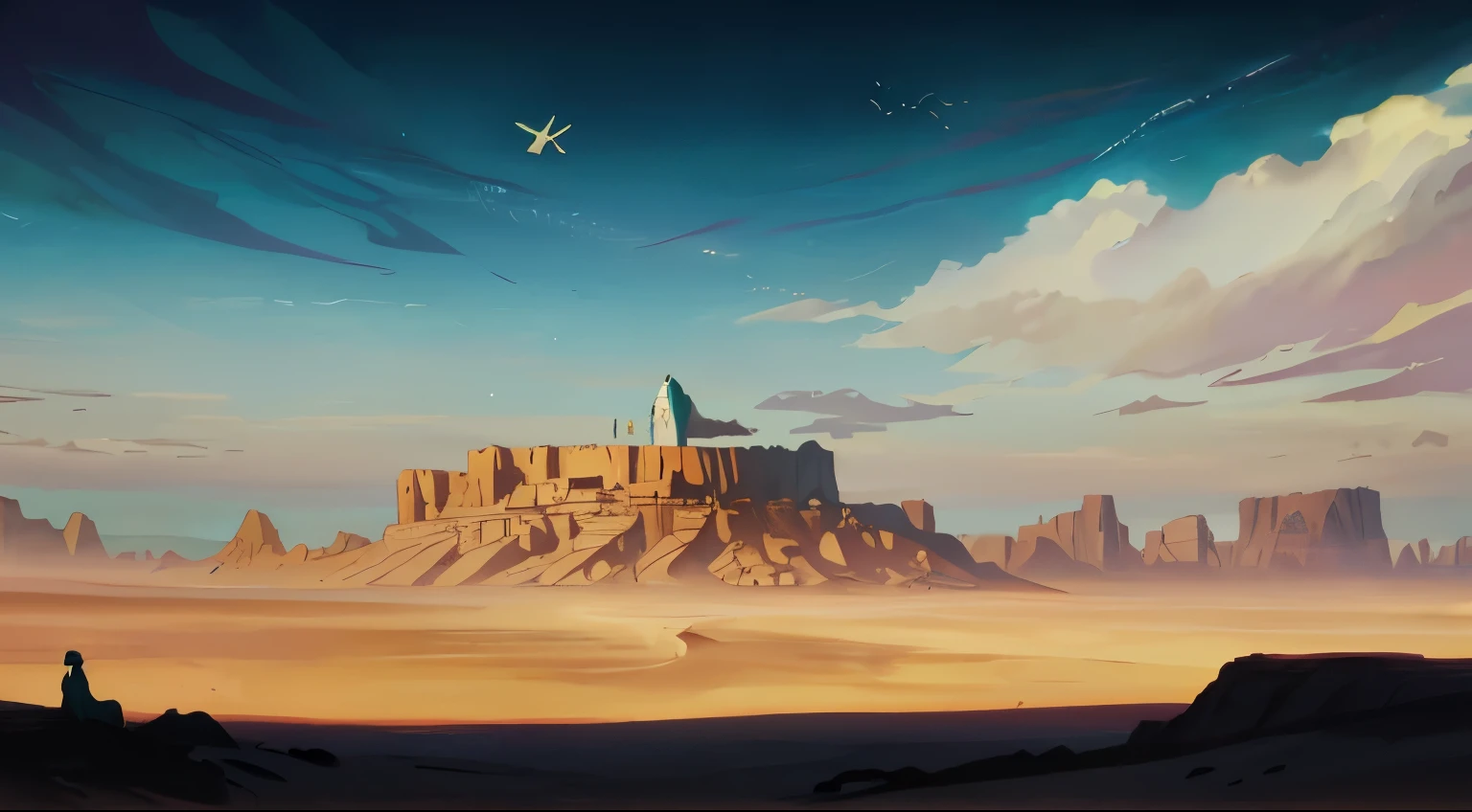 painting of a desert with a mountain and birds flying in the sky, inspired por Raphael Lacoste, wlop and Rhads, arte conceitual | Rhads, sergey kolesov arte conceitual, por Sparth, martin raphael lacoste, Bastien Grivet, estilo de raphael lacoste, por Raphael Lacoste, painterly arte conceitual, dramatic arte conceitual