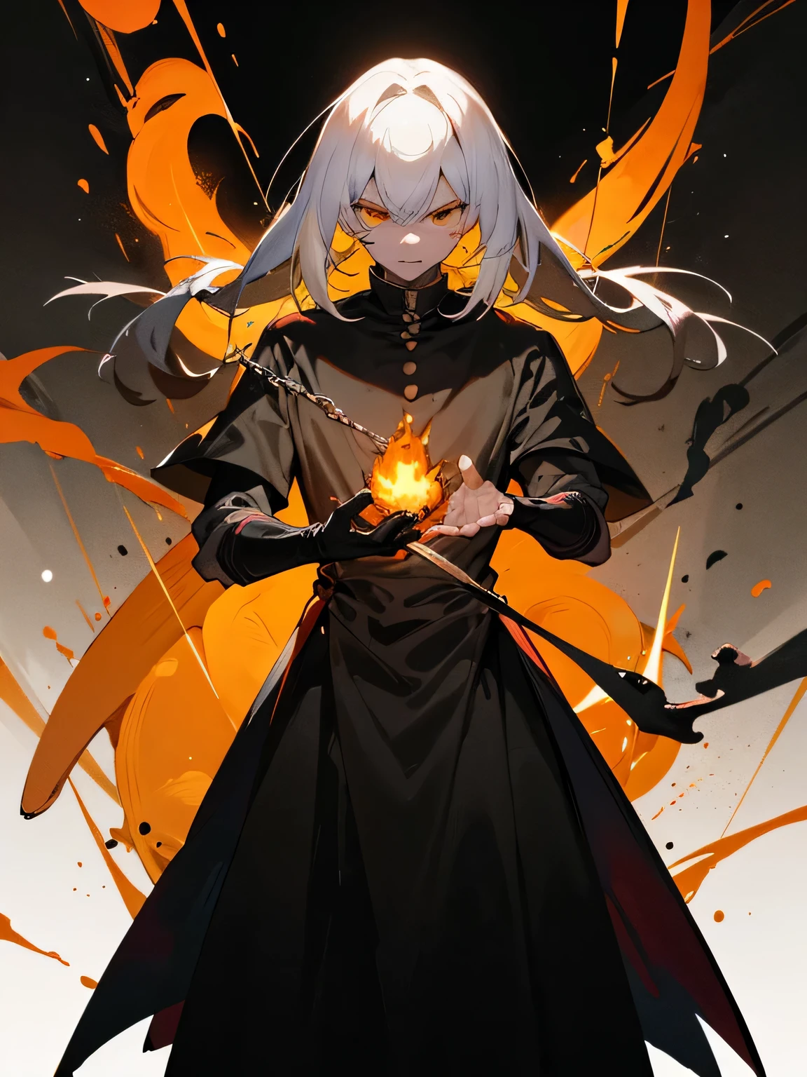 masterpiece, best quality, ultra-detailed, illustration, close-up, straight on, 1girl, white hair, yellow eyes, angel, chains,masterpiece,fancy background,fire,rainstorm