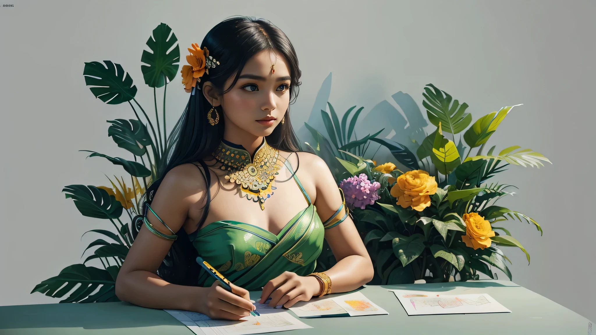 This photo shows、It combines the body of a breathtakingly beautiful East Indian girl with flowers and leaves.。, Bright colors, High resolution pen and ink sketches, Isometric projection, Hard Edge, high quality, minimalist art, Ultra-high resolution, 4K, 8k、Looking straight ahead