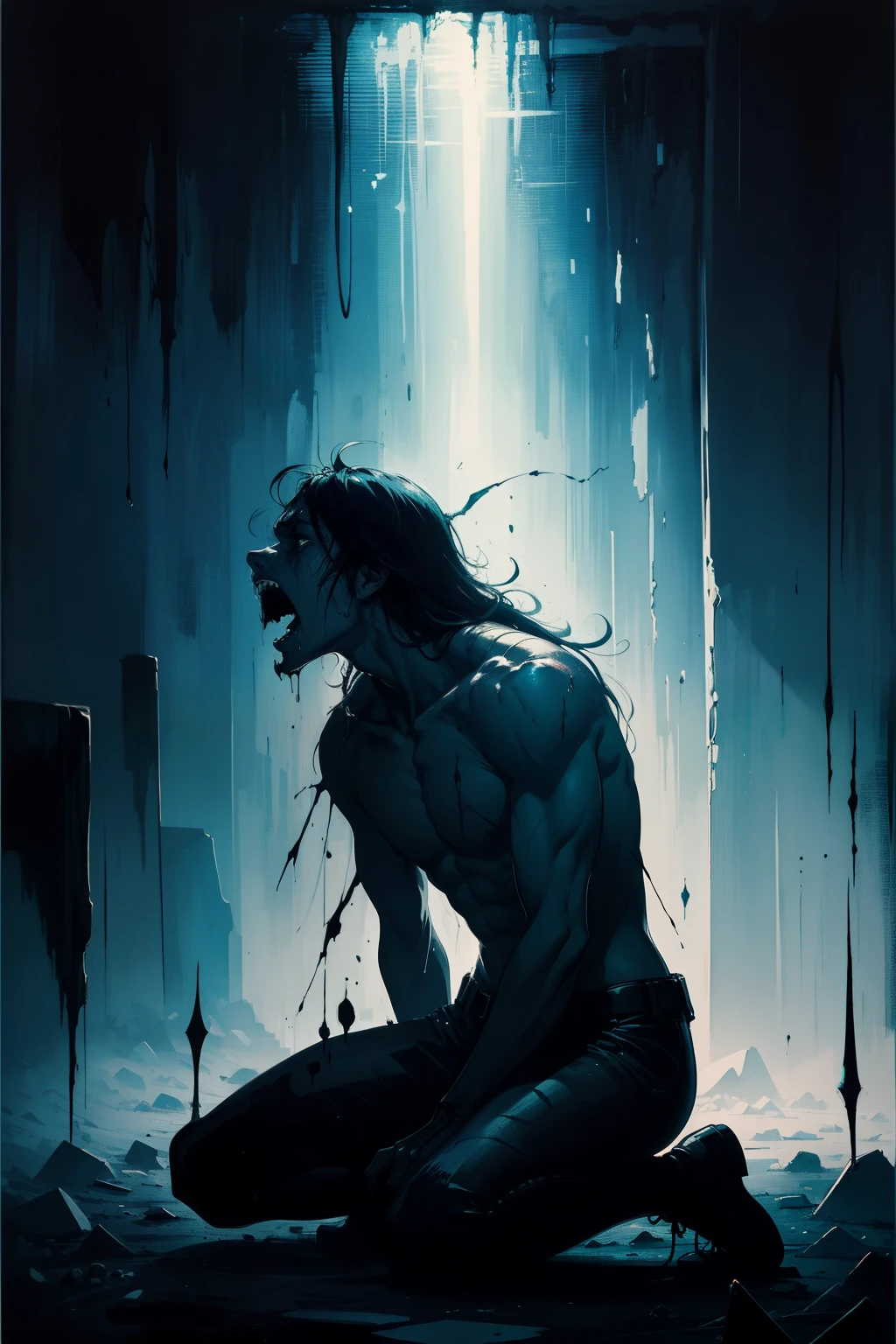 Horror-themed abstract male expressionist painting Emotional and physical pain, anguish, screaming, dark, rays of light, energetic brushwork, bold colors, abstract forms, expressive, emotional, Eerie, unsettling, dark, spooky, suspenseful, grim, highly detailed, blue, grey, black, a man kneeling in front of a grave