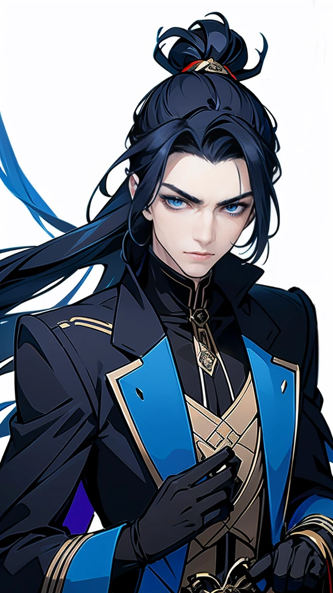 1boy, long hair, solo, male focus, blue eyes, black hair, gloves, black gloves, upper body, looking at viewer, chinese clothes, long sleeves, hand up, closed mouth, half updo, jewelry, bishounen, blue hair,vampire,