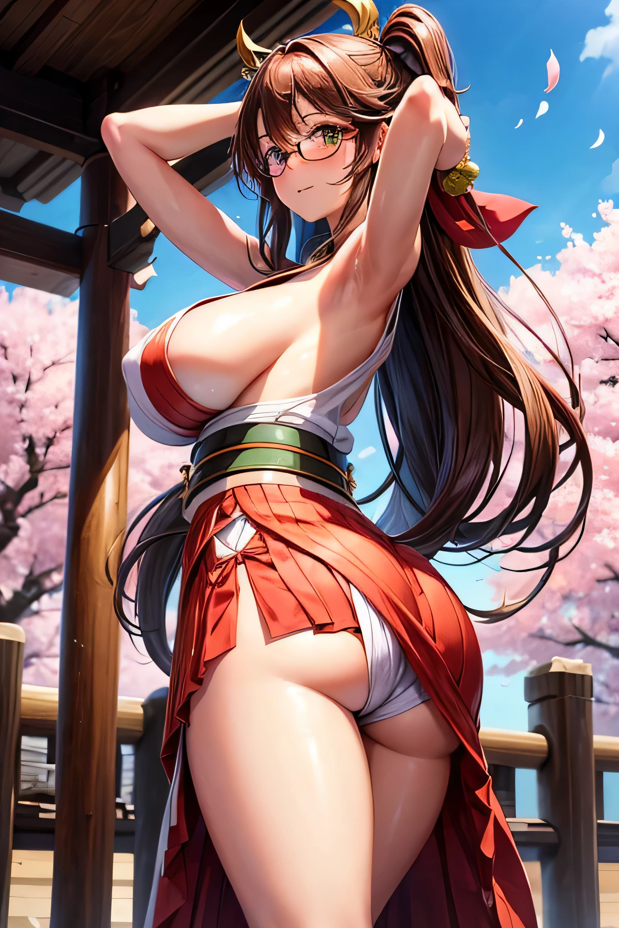 High resolution, high quality, 1 girl, Anime Girls,(Fill your stomach), Brown long hair, Brown eyes, Green glasses, Sunburned skin, big breasts, (Big Ass),miko,long hakama skirt,arms behind head,cherryblossom,at shrine,