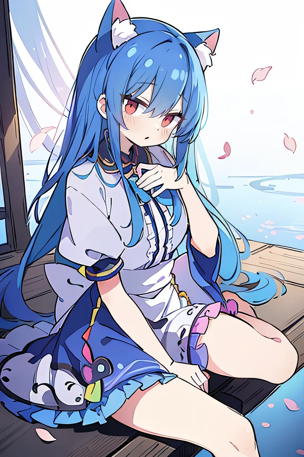 (masterpiece:1.2),ultra-detailed,realistic,expressive eyes,fair-skinned,perfectly shaped face,1girl,
Japanese cartoons,Gorgeous blue hair, flowing blue hair,floating clothes,cat ears,petals falling,beautiful Lola,Hina Angel,
hands on waist,gracefully sitting on the ground,legs crossed,gentle and serene background,cool and comfortable pavilion.