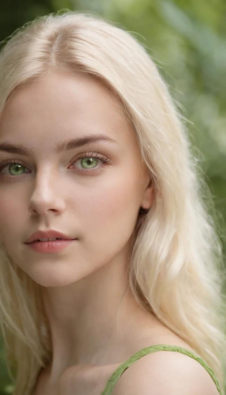 A realistic photo shot of a head face , 19 year old girl who has light yellow hair and bright green eyes. Her look could, should be a beauty of Dominica Actress.