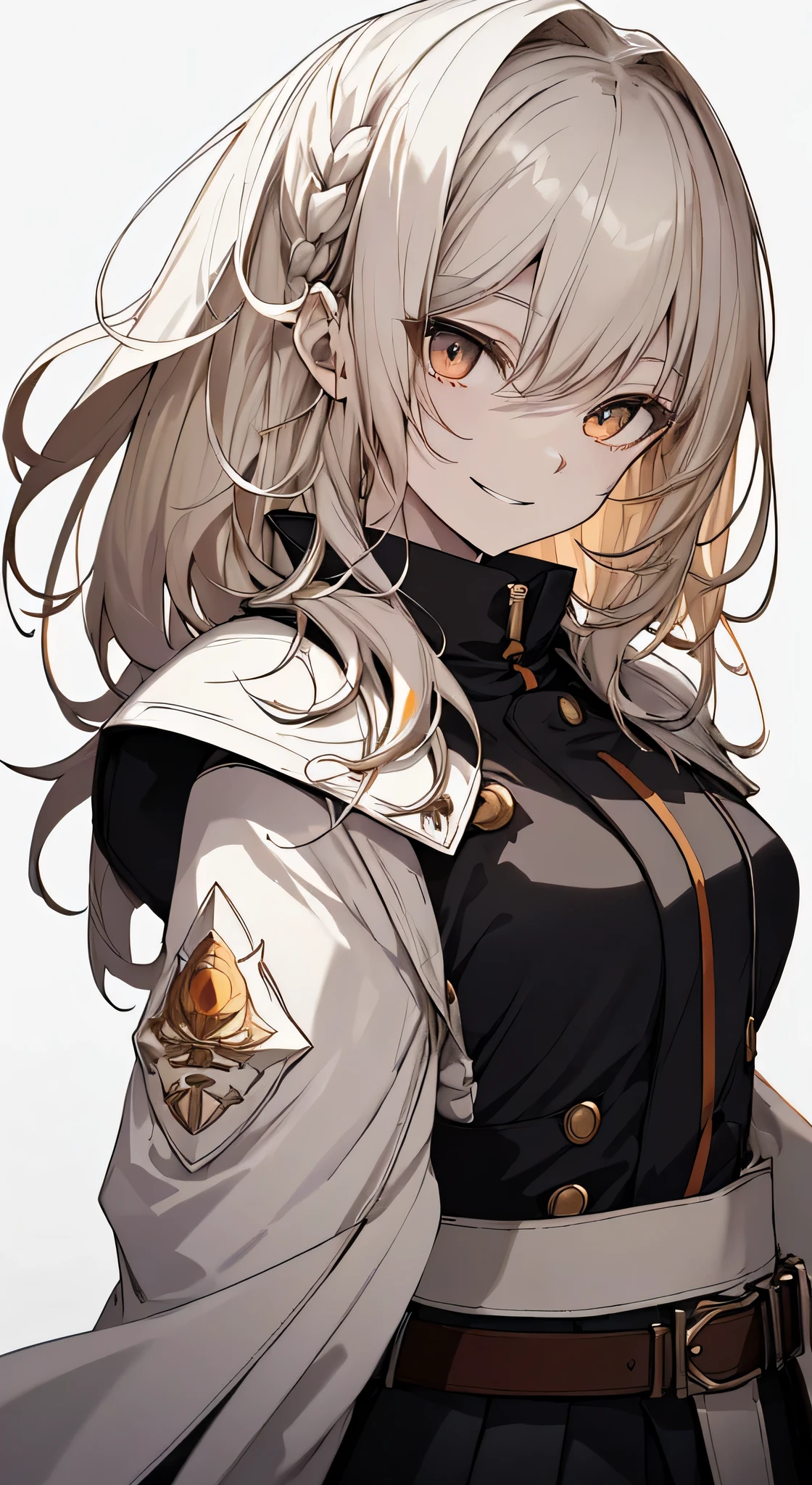 whole body, White one-piece military uniform, Jet black hair,(Tabletop:1.2, highest quality), (Beautiful, detailed eyes: 1.2), (Beautifully detailed face), High Contrast, (Best lighting, Very delicate and beautiful), ((Cinematic Light)), dramatic light, Intricate details,Dark orange eyes, Shining Eyes,low length, Small breasts、Belt under the chest、White military uniform, White Skirt,Blonde, Black tie,  (Pale white background:1.5), Wolf Cut Hair, accurate needle, look at me and smile, unreddish skin, shortcut, Looking up,