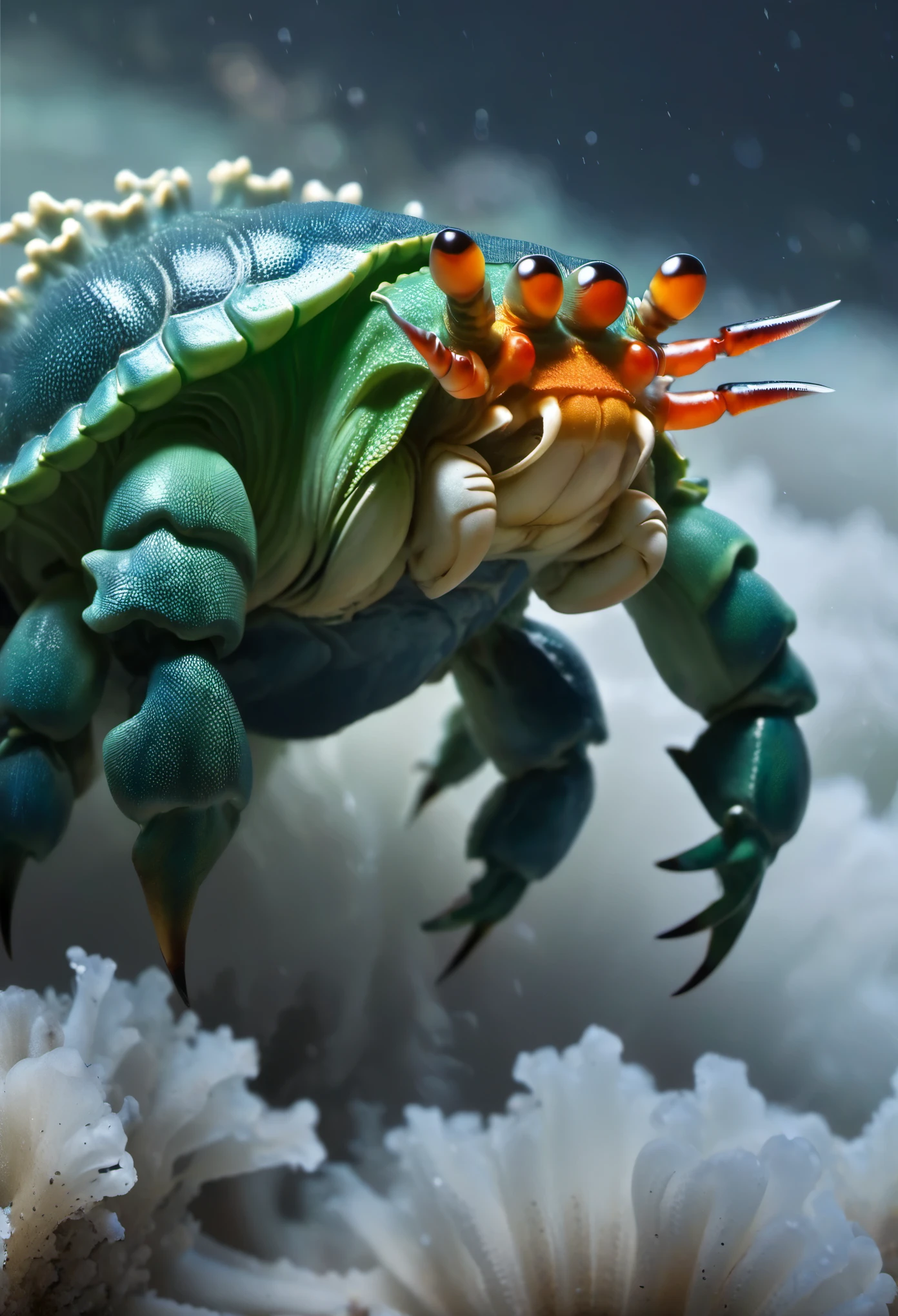 (A giant crab stood in the fog and stared fiercely at a man asking for help),(a creature 5 meters tall:1.0),(Huge green eyes are unusually bright:1.37)(The thick legs of two giants stand on the reef) ,,(The shell of a giant crab is dark green),(goldtrim), (Dark blue wide oval abdomen), (Very hard and thick shell texture), (There are a pair of large protruding compound eyes:0.8),(Unusually long and flexible antennae:1.1),(The length is about 1/3 The width of the crab's body:0.5) ,(There is a small pair of pliers on the top of the head),(Fresh fluff:0.8), giant ethereal creature,The texture is clear, (The helpless pray for help:1.37),(People who ask for help:1.37),(Dark red glowing sky),
Background with:nebulous sky,(rough sea),(Greatwave),Recife,(salama:1.1), Reality,Epic,ultraclear,afterimage, Dutch angle, From below, Sony FE GM, Chiaroscuro, Blurry, hyper HD, Masterpiece, Textured skin, Super detail, High details, High quality, Award-Awarded, Best quality, A high resolution, 8K,Epic,sci-fy,Futuristic fantasy,cotw,punk,