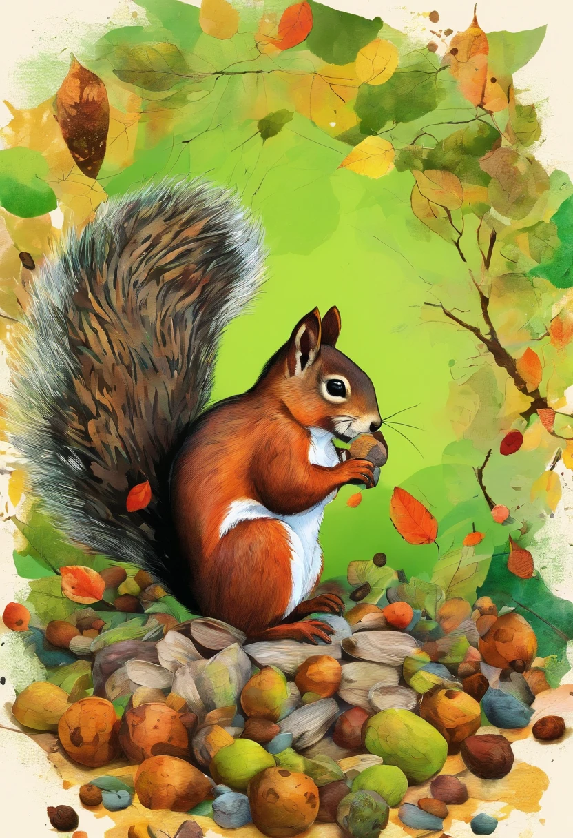 indecisive squirrel hesitates between multitude of acorns and nuts on the ground, hesitant undecided look, posture dubitative, green forest background ::2 colorful ink painting ::2 art fantasy