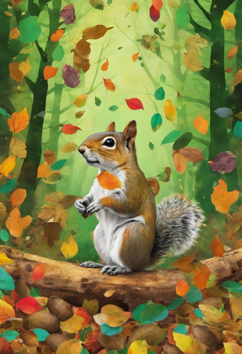 indecisive squirrel hesitates between multitude of acorns and nuts on the ground, hesitant undecided look, posture dubitative, green forest background ::2 colorful ink painting ::2 art fantasy