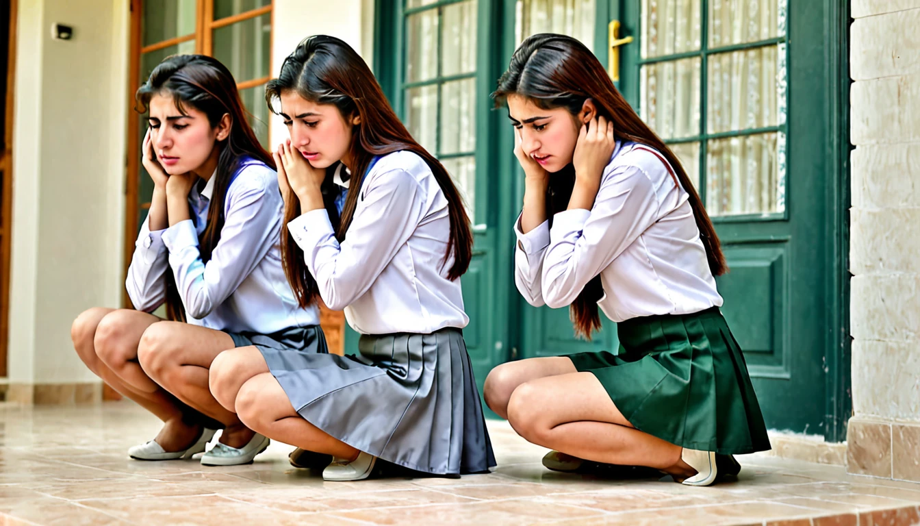 Pakistani college girls wearing short skirt kneeling down knees on floor back straight holding and pulling ears in terrace sad in home 