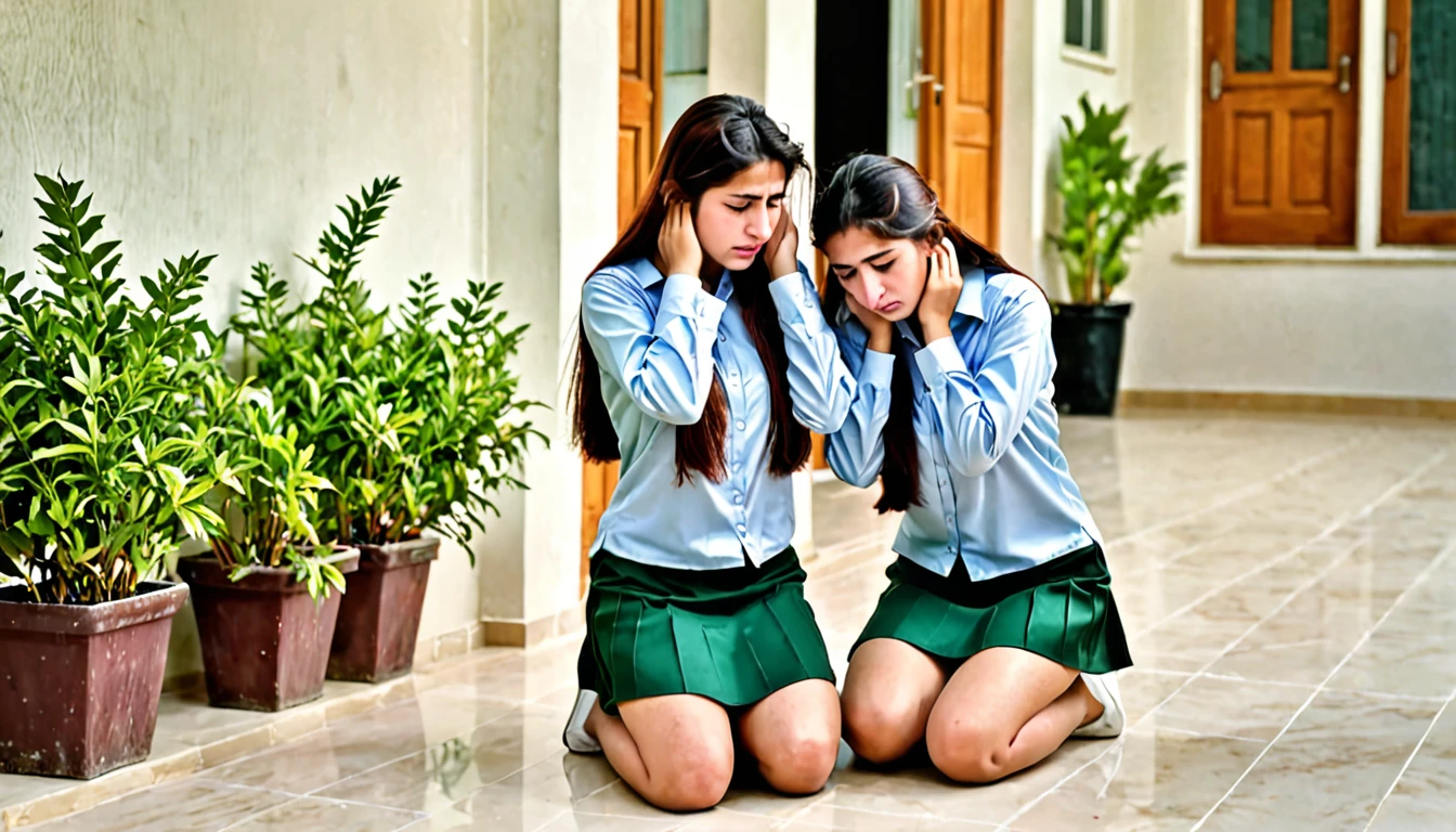 Pakistani college girls wearing short skirt kneeling down knees on floor back straight holding and pulling ears in terrace sad in home