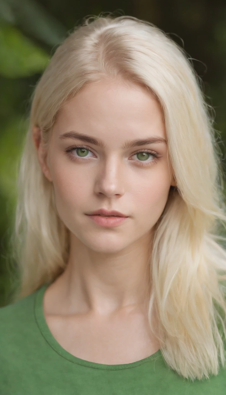 A realistic photo shot of a head face , 19 year old girl who has light yellow hair and bright green eyes. Her look could, should be a beauty of Barbuda Actress. 