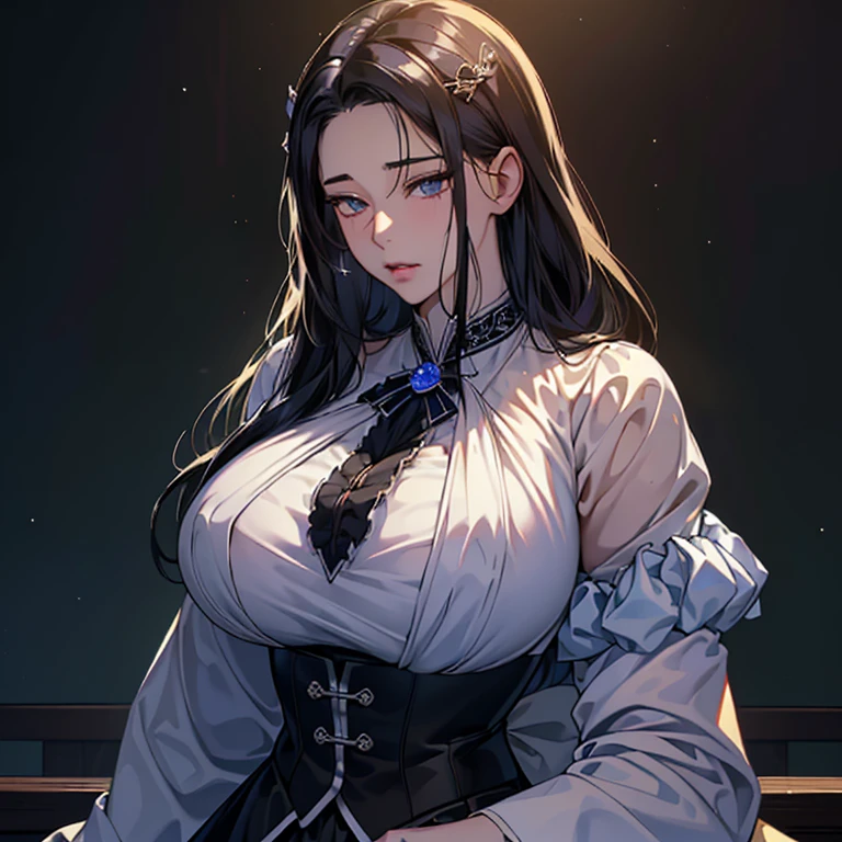 (High resolution)),((Game CG)),(masterpiece),(highest quality), (Very detailed),shape,((Very delicate and beautiful)),　Dark horror, Very embarrassed look,Looking at the audience,(((18-year-old female)),((whole body)),Detailed face and eyes,Jewel-like eyes,(Date Hyogotaka),,,(Super huge breasts,Long and slightly saggy breasts,）　　銀髪と黒い瞳 ダークな雰囲気 満点の星空  黒い下着姿 躍動感 whole body