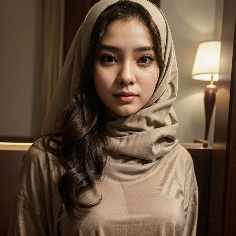 Sweet beautiful Bogor city girl, georgeus face, 22 years old, slim body, wavy hairs, wearing hijab, realistic, very detail,