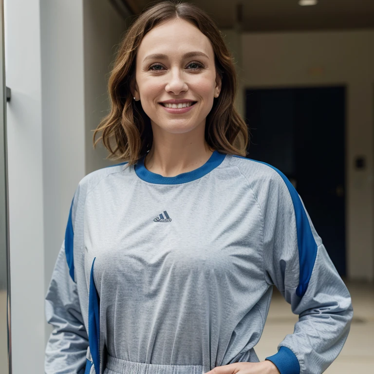 Vera Farmiga dressed in sportswear and smiling