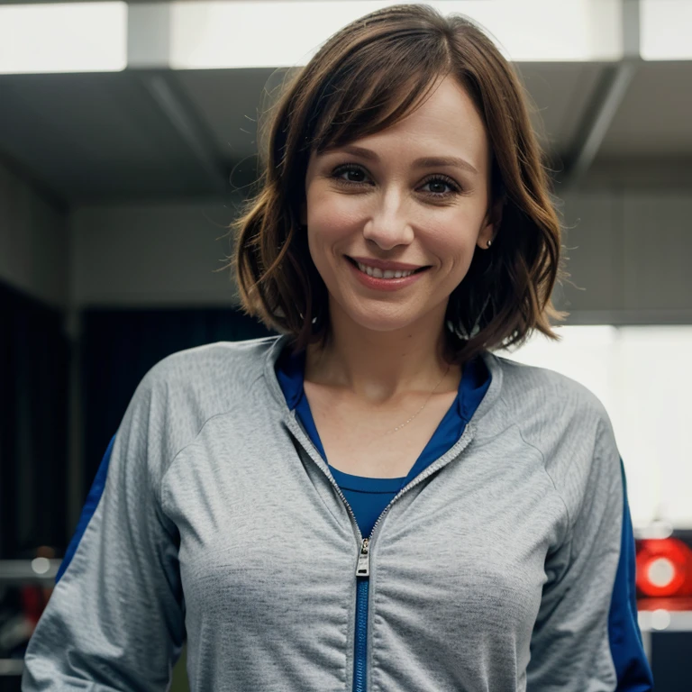 Vera Farmiga dressed in sportswear and smiling
