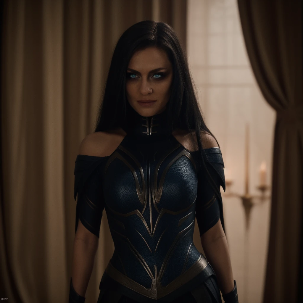 Best_QualityPos, RAW photo, intricate details, best quality, 8k uhd, soft lighting, 1girl, solo, bare shoulders, black hair, long hair, armor, Blue eyes, epiC35mm