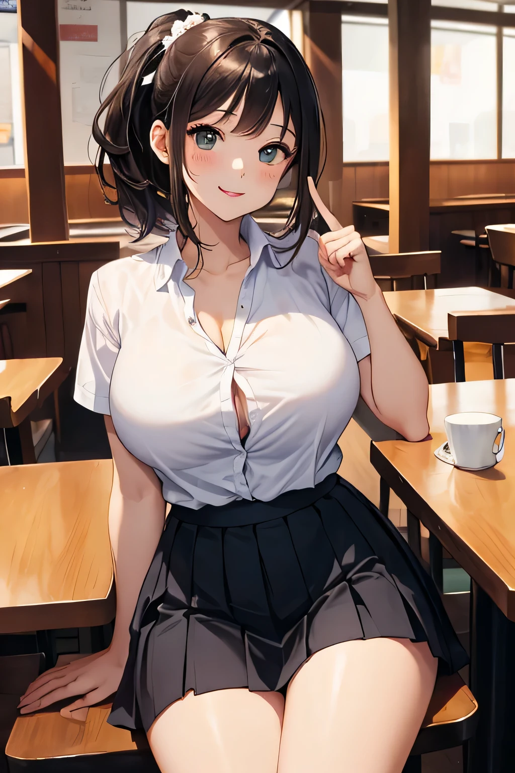 (highest quality:1.4)、(High resolution)、Detailed Background、(Beautiful face in every detail:1.4)、Anatomically correct、(Draw the usual number of fingers:1.2)、(Detailed facial expressions)、Beautiful, smooth skin、 Girl、(Huge breasts:1.3)、brown hair、Black Hair、Bobcut、ponytail、Realistic、Perfect body line、Sitting in a chair at a family restaurant、Accentuate your cleavage、Show off your attractive armpits、Attractive big ass、attractive thick thighs、Blushing、My shirt is about to be buttoned off.、Sexual expressions、Short sleeve shirt、Cowboy Shot、He is looking at me with a happy expression、
(A beautiful girl whose breasts are about to burst out of her shirt:1.5)、
Choose a short shirt blouse that is slightly smaller in length, such as pink or mint green.、
Pair it with a pleated or flared mini skirt.、
The tulle mini skirt is also cute.、Colorful ribbons、cute