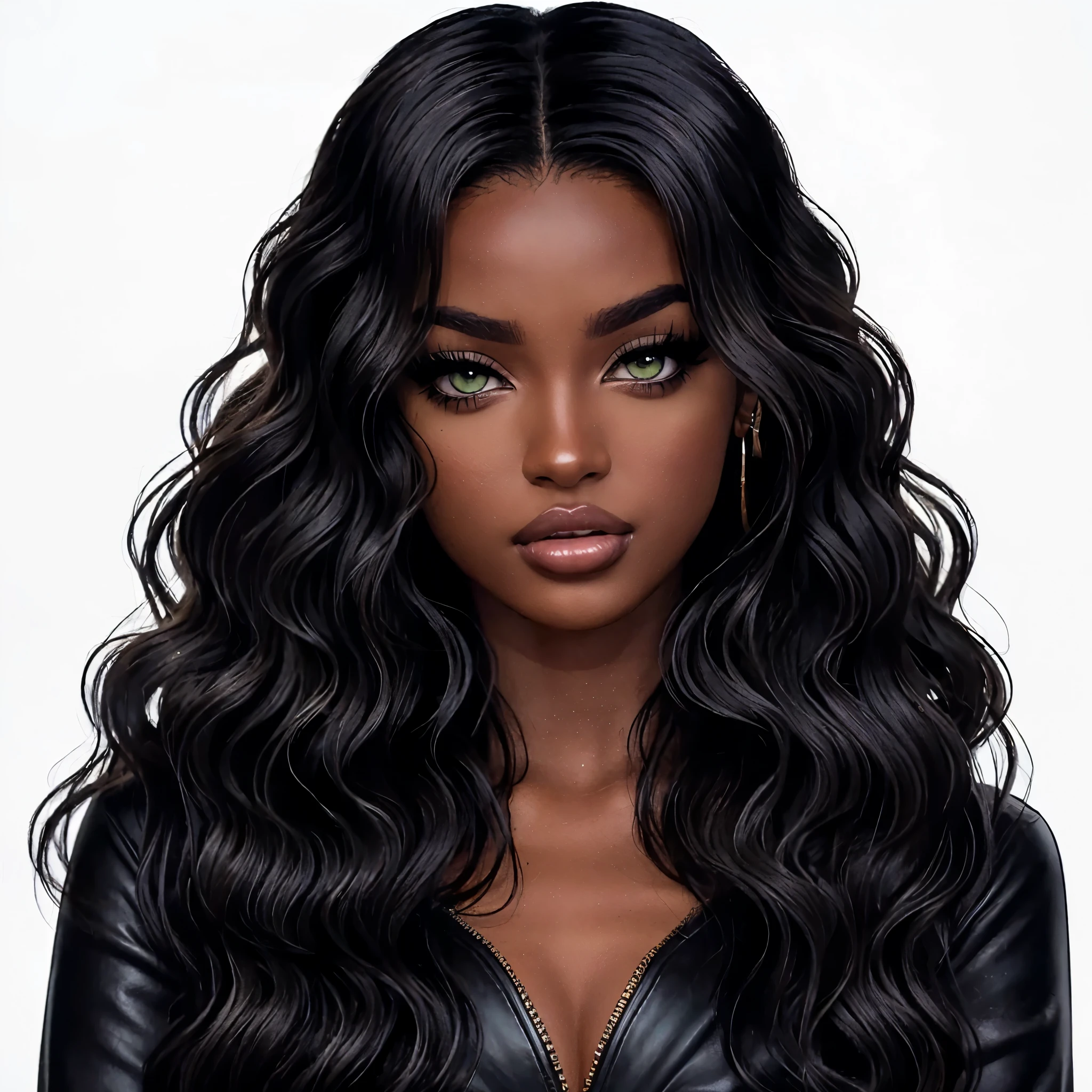 I want you to transform this animated character into a hyper-realistic version of a real person. Imagine what this character would be like if he were a real human, keeping his most iconic features but adapting them to human proportions and characteristics. Think about how her hair, eyes, facial expression and clothing would translate in the real world, and create an image that captures her essence and personality in a realistic photo style, a woman with wavy black hair, long curly black hair, green eyes, detailed long black hair, dark brunette skin, full lips,detailed realistic face, stunning beauty, attractive, beautiful, feline beauty, 8k quality, good lighting
