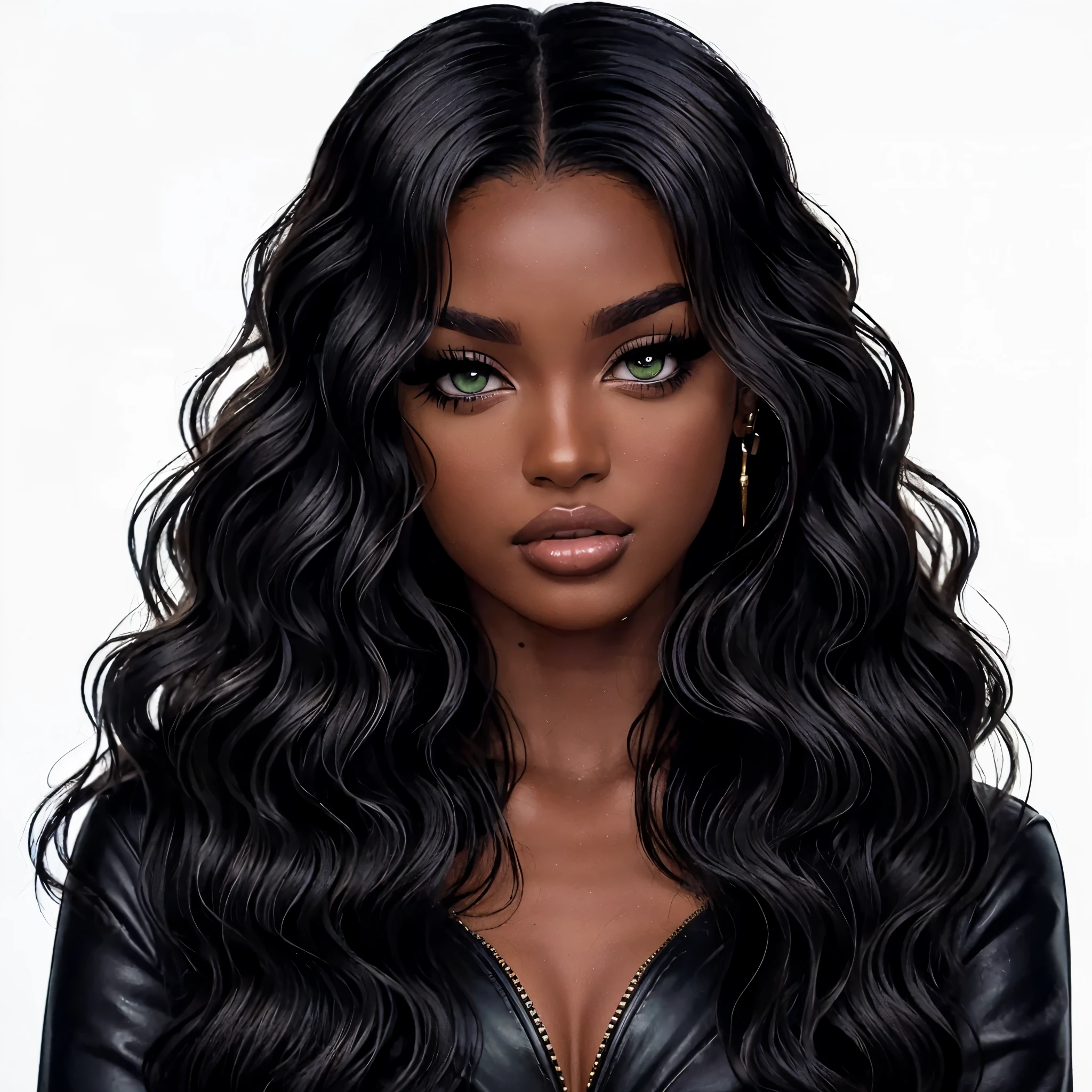 I want you to transform this animated character into a hyper-realistic version of a real person. Imagine what this character would be like if he were a real human, keeping his most iconic features but adapting them to human proportions and characteristics. Think about how her hair, eyes, facial expression and clothing would translate in the real world, and create an image that captures her essence and personality in a realistic photo style, a woman with wavy black hair, long curly black hair, green eyes, detailed long black hair, dark brunette skin, full lips,detailed realistic face, stunning beauty, attractive, beautiful, feline beauty, 8k quality, good lighting