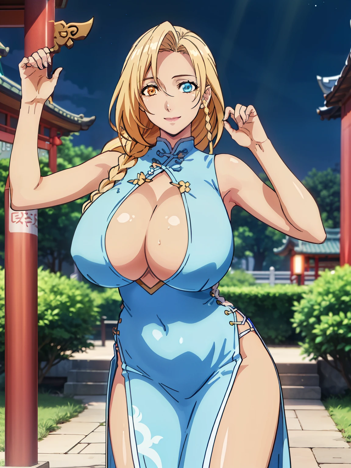 sexy pose, sarielx, (shiny blue chinese dress), cleavage cutout, (night outdoor chinese temple background), anime cels style, best quality, high resolution, 1girl, (huge breasts:1.2), beautiful face, cowboy shot, heterochromia, braided ponytail, braided bangs, smiling, looking at viewer, god rays