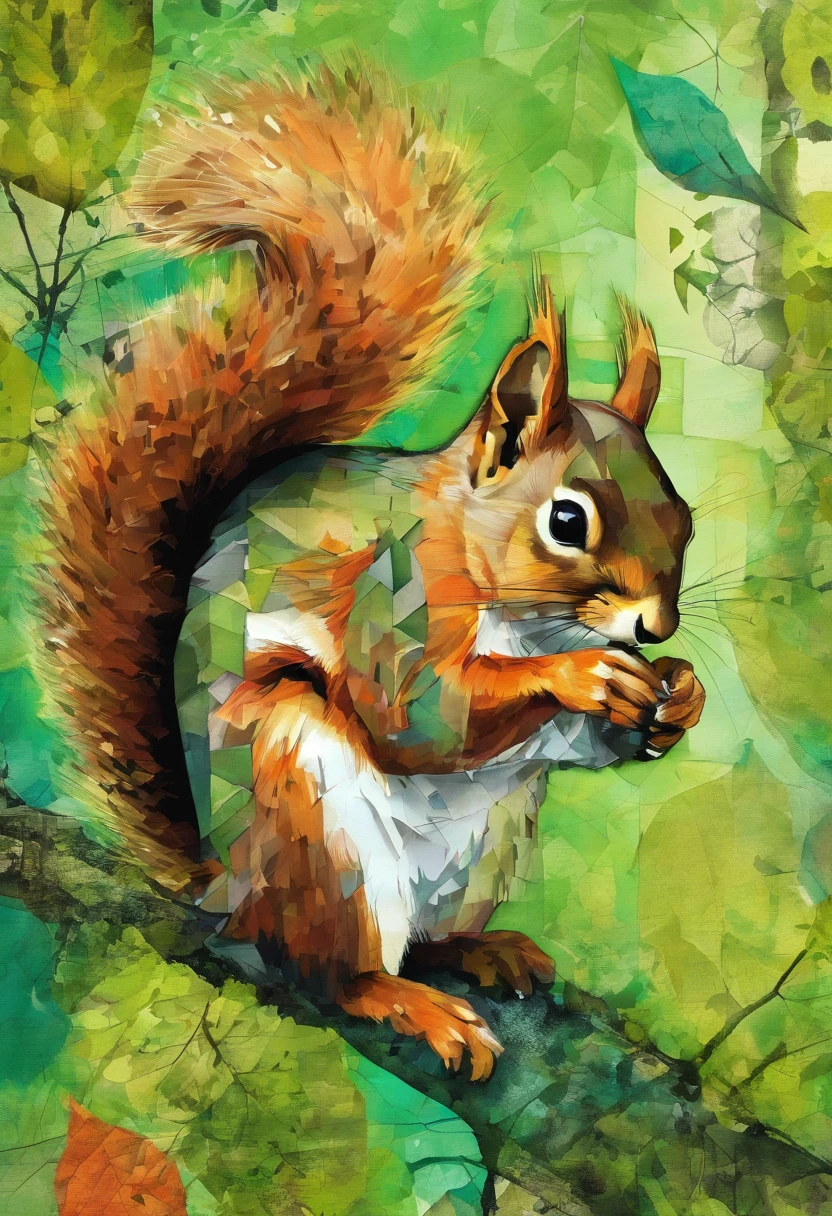 squirrel indécis hésite entre plusieurs chemins parsemés de noix glands noisettes, hesitant undecided look, posture dubitative, green forest background ::2 colorful ink painting ::2 art fantasy