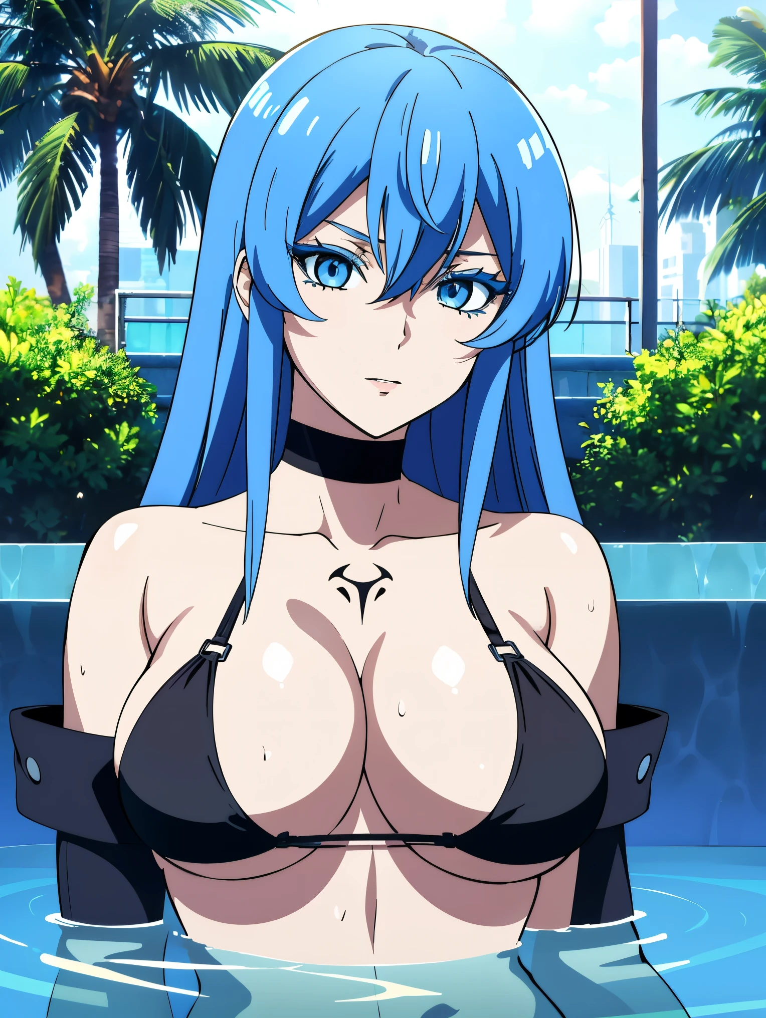 (artwork, best quality) 1 girl with long blue hair, blue eyes, blue eyelashes, well detailed eyes, hot look, big breasts, black bikini, in a pool, bathing, soaking, soft skin