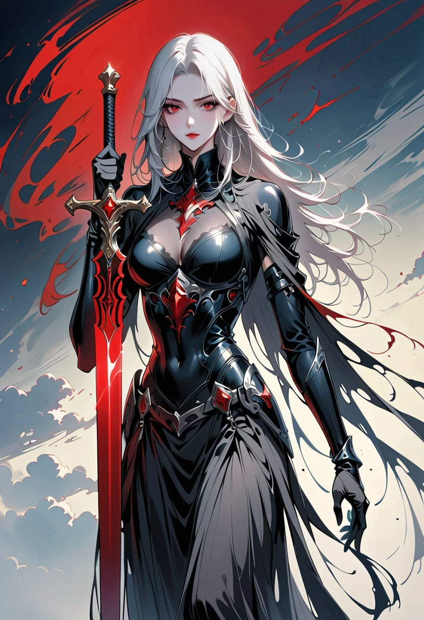 Girl with a sword，Simple lines，Minimalism，Abstract Art，Holding a red long sword，